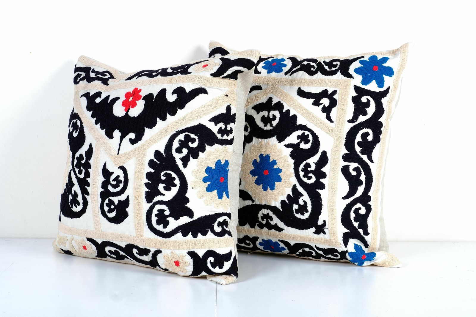 Uzbek Faded Black Suzani Cushion Cover, Set Of Two Cream Suzani Pillow Case Made From A 19th Century Textile photo furniture