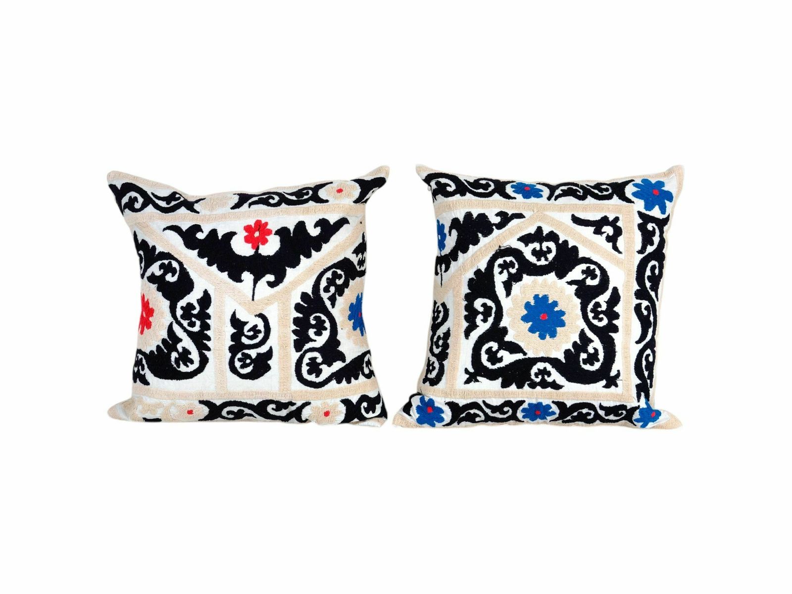 Uzbek Faded Black Suzani Cushion Cover, Set Of Two Cream Suzani Pillow Case Made From A 19th Century Textile