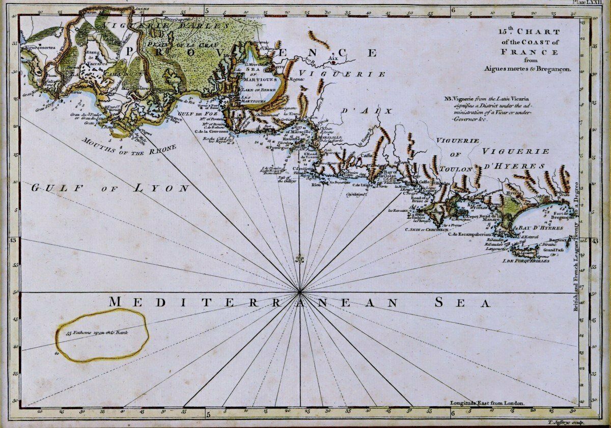 Engraving Of A Marine Chart Of The Mediterranean Sea   Golf Du Lyon From Aiguemortes To Hyères   18th Century photo for sale