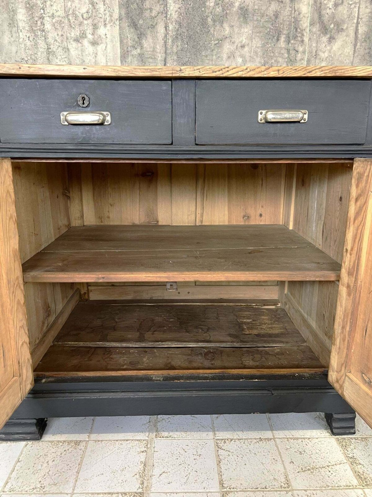 photo vintage Black Solid Wood Shop Counter Sideboard Drawers Cupboard