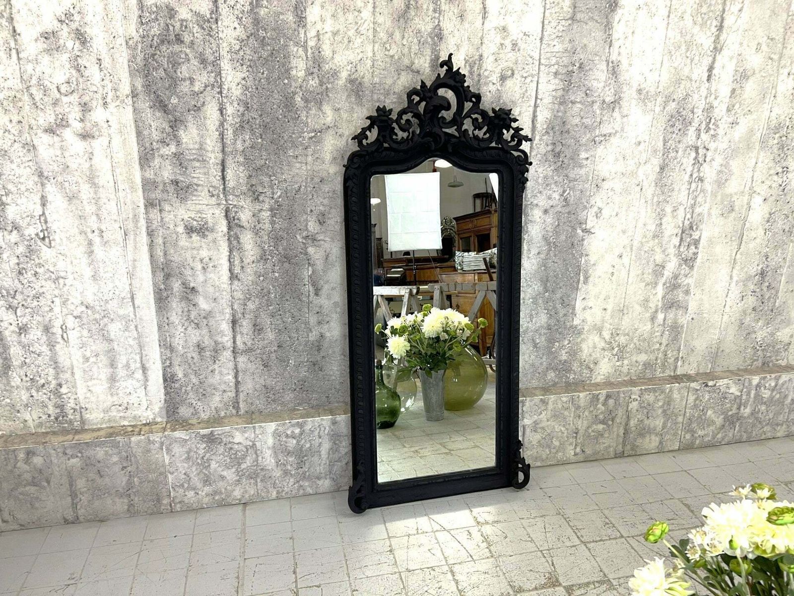 French Crested Black Decorative Over Mantel Mirror