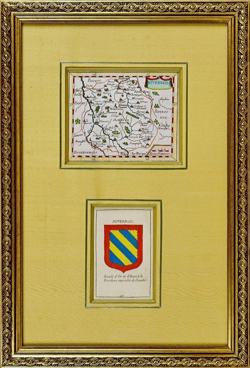 Rare Engraving   Map Of Nivernais With Its Coat Of Arms (Nivernais   Morvant   Nevers)   Mid 17th Century