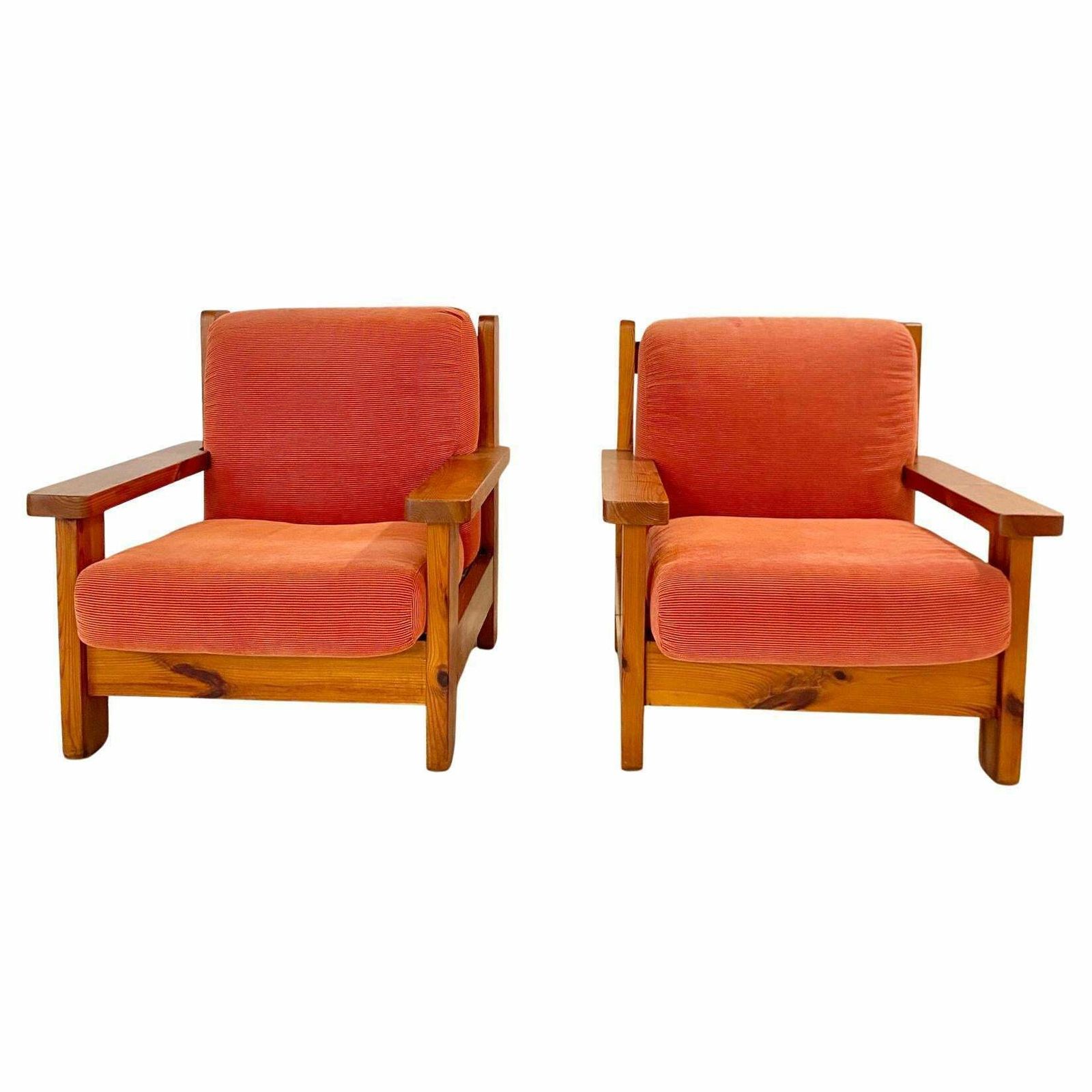 Furniture Mid Century Modern Wood And Red Velvet Armchairs, Set Of Two, Italy 1970 photo