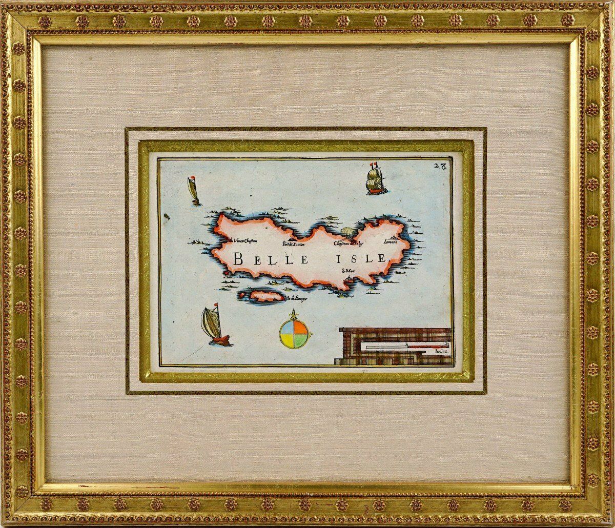 Rare Engraving Of Belle Ile En Mer   Nautical Chart   Current Frame   Ep. 1st Half Of The 17th Century