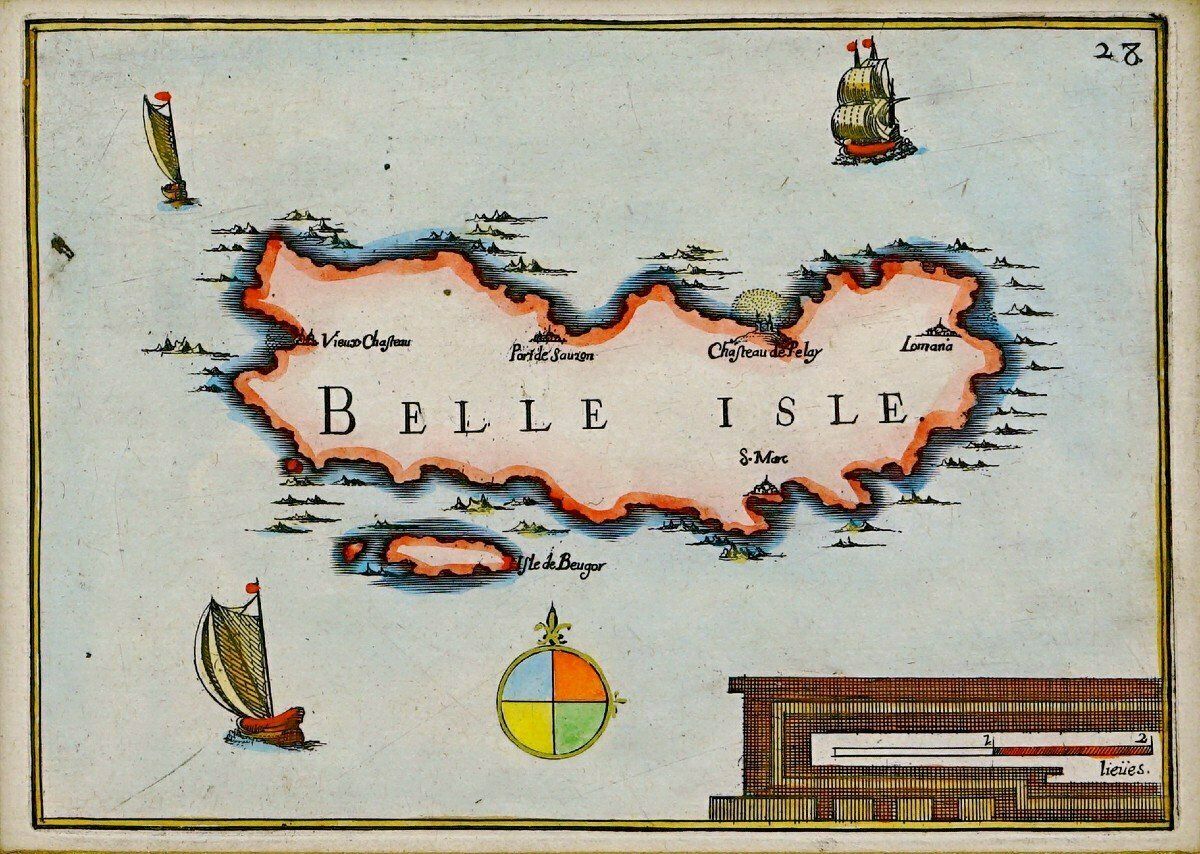 Rare Engraving Of Belle Ile En Mer   Nautical Chart   Current Frame   Ep. 1st Half Of The 17th Century photo for sale