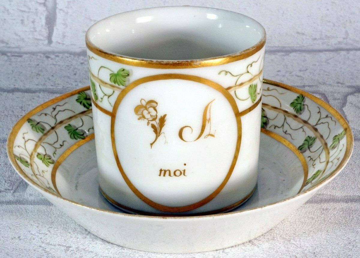 Cup And Saucer With Rebus Decor In Paris Porcelain   18th Century photo vintage