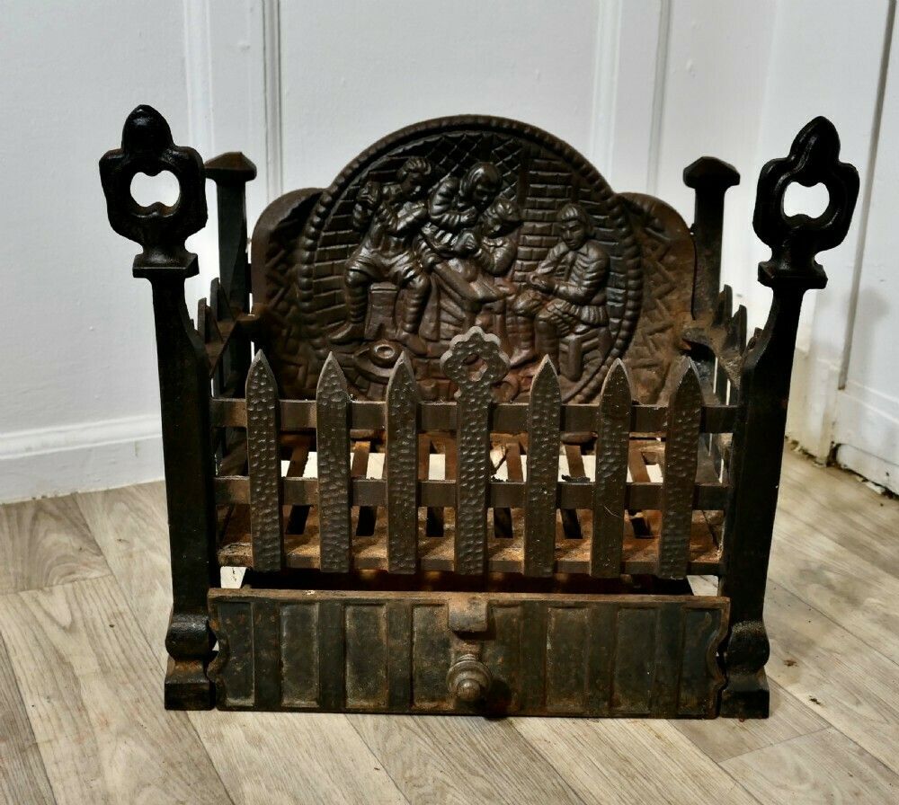 Gothic Style Free Standing Fire Basket With Decorative Back And Ash Pan