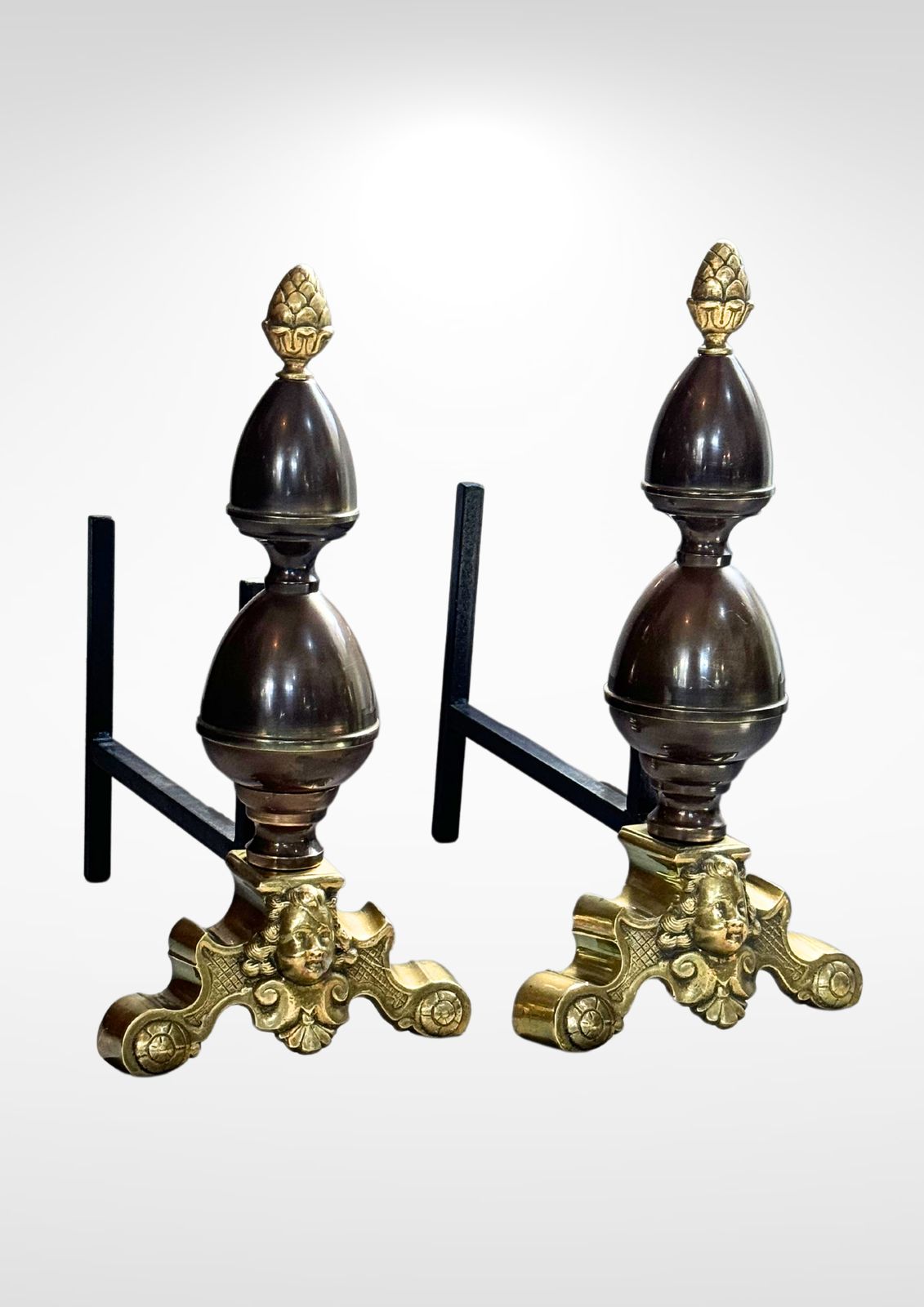 Large Pair Of Antique Dutch Cast Bronze And Brass Fire Dogs Andirons