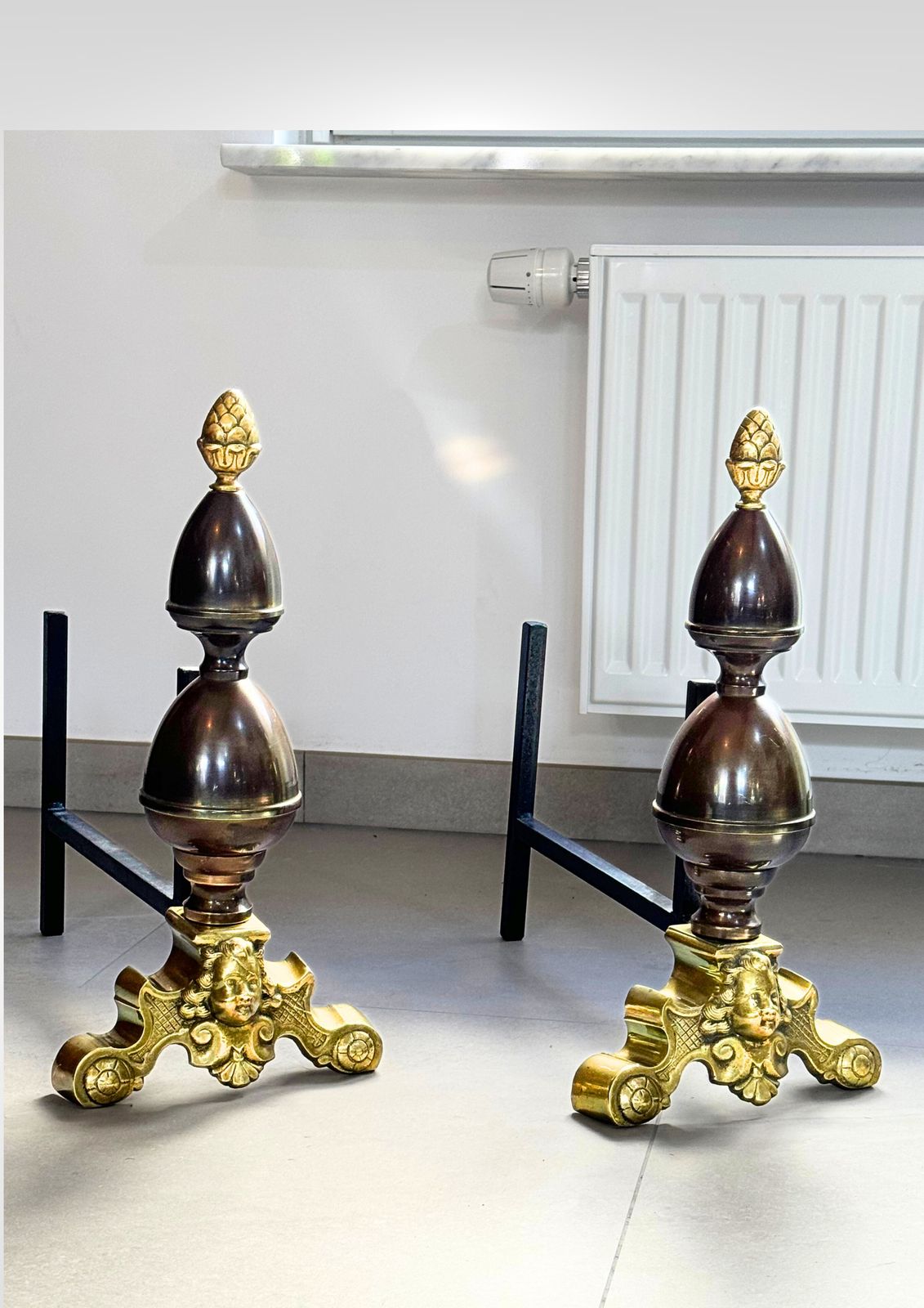 Large Pair Of Antique Dutch Cast Bronze And Brass Fire Dogs Andirons photo buy