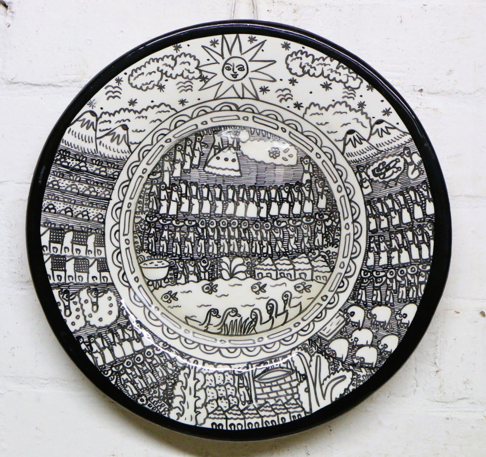 Vintage Mexican Pottery A Striking Black & White Narrative Dish Wall Hanging