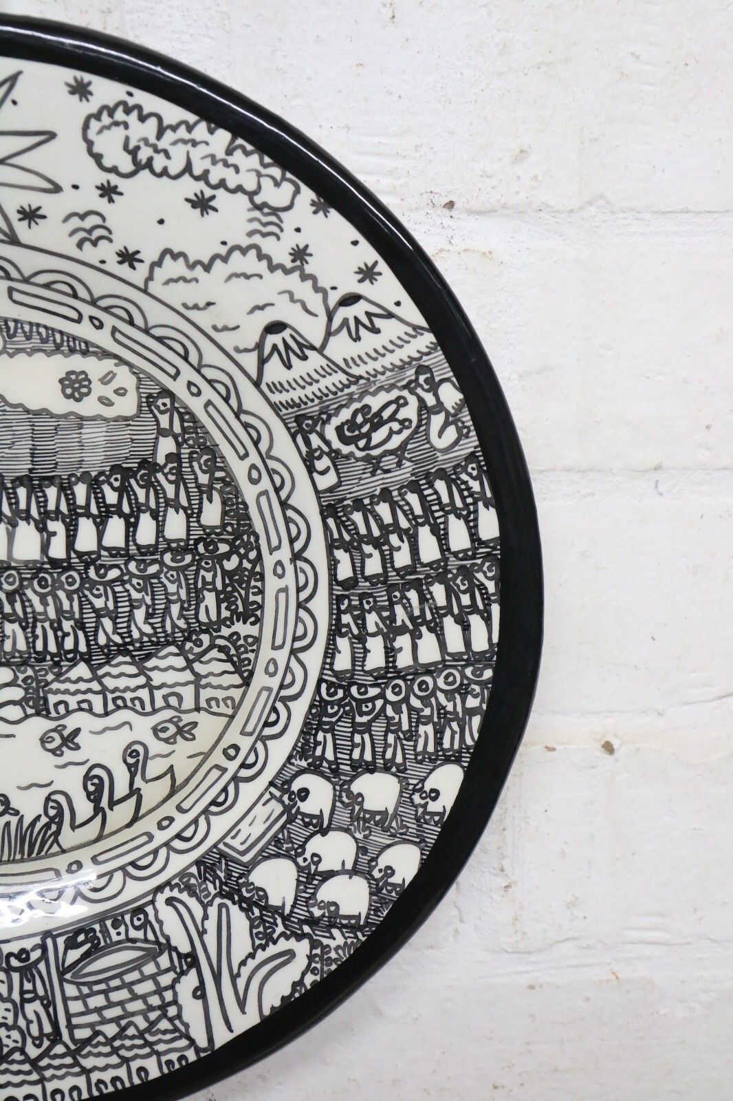 Vintage Mexican Pottery A Striking Black & White Narrative Dish Wall Hanging photo 65.0