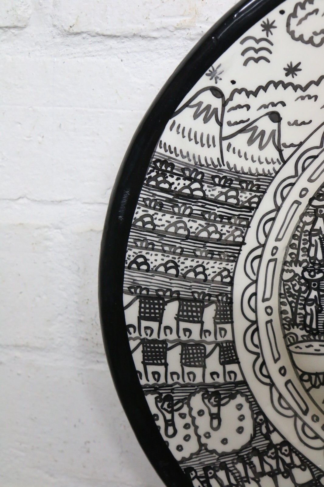 photo for sale Vintage Mexican Pottery A Striking Black & White Narrative Dish Wall Hanging