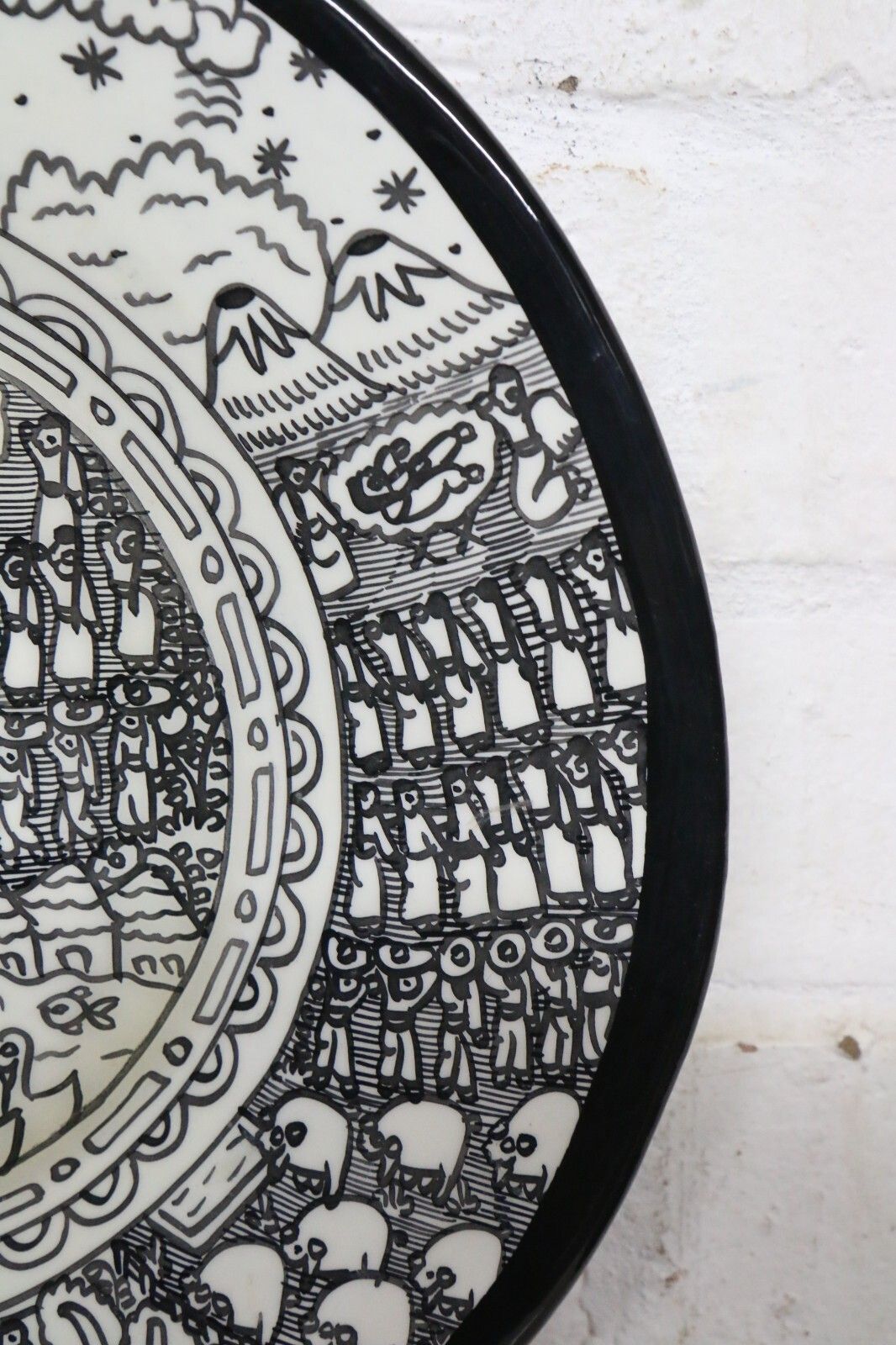 65.0 Vintage Mexican Pottery A Striking Black & White Narrative Dish Wall Hanging photo