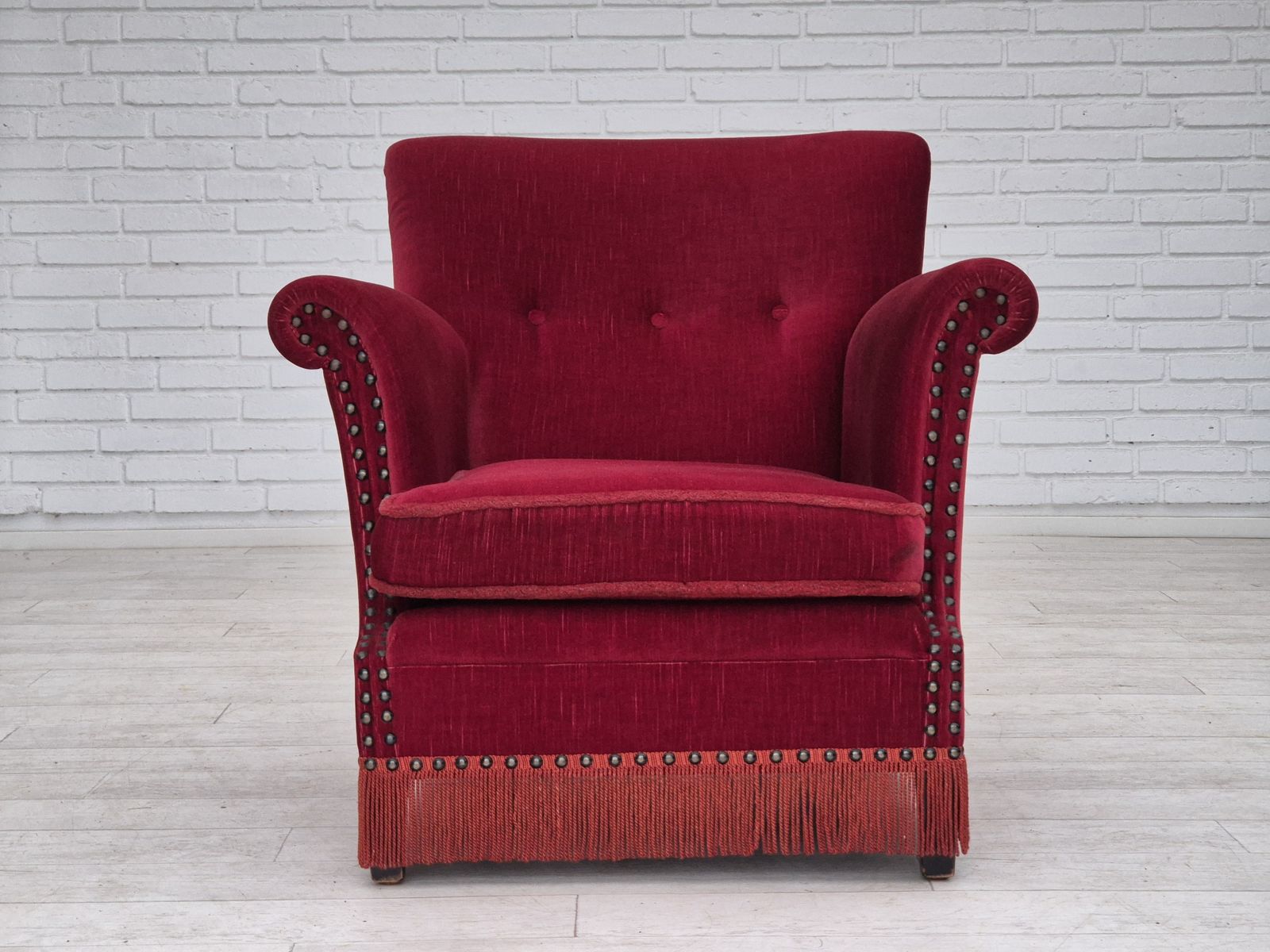 1970s, Danish Lounge Chair, Original Condition, Cherry Red Velour Fabric. photo furniture