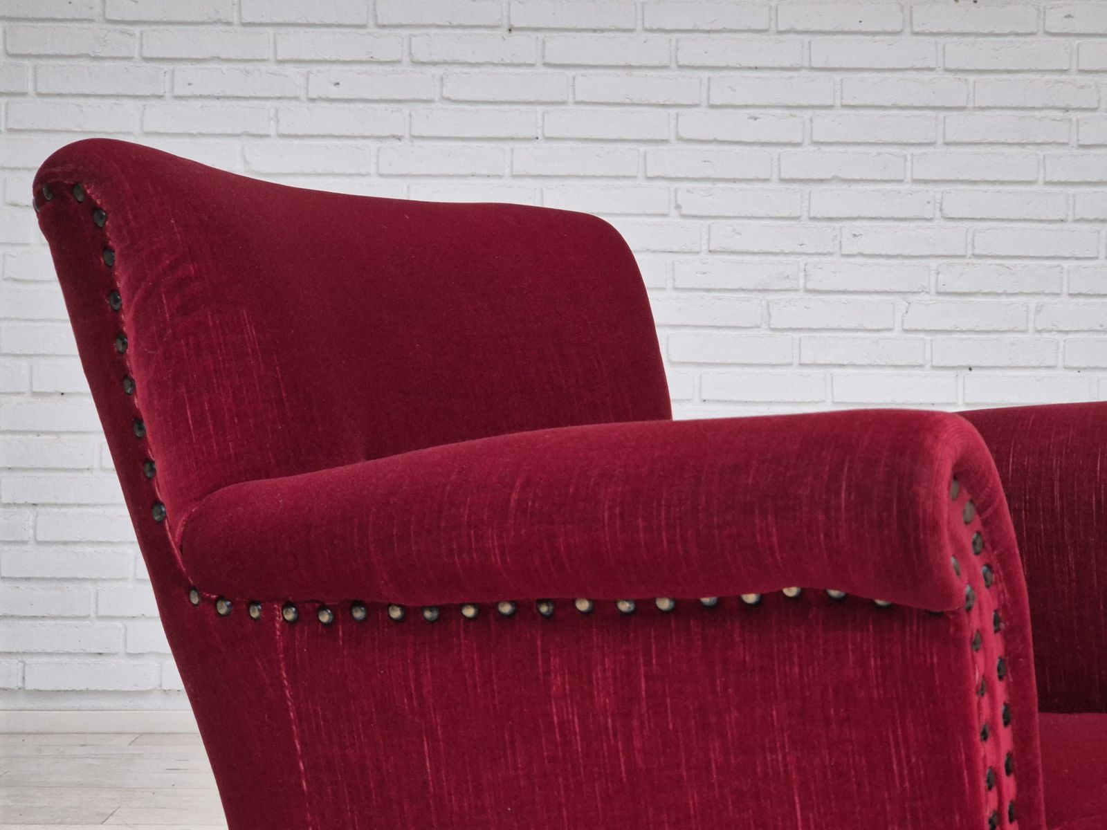 photo vinterior 1970s, Danish Lounge Chair, Original Condition, Cherry Red Velour Fabric.