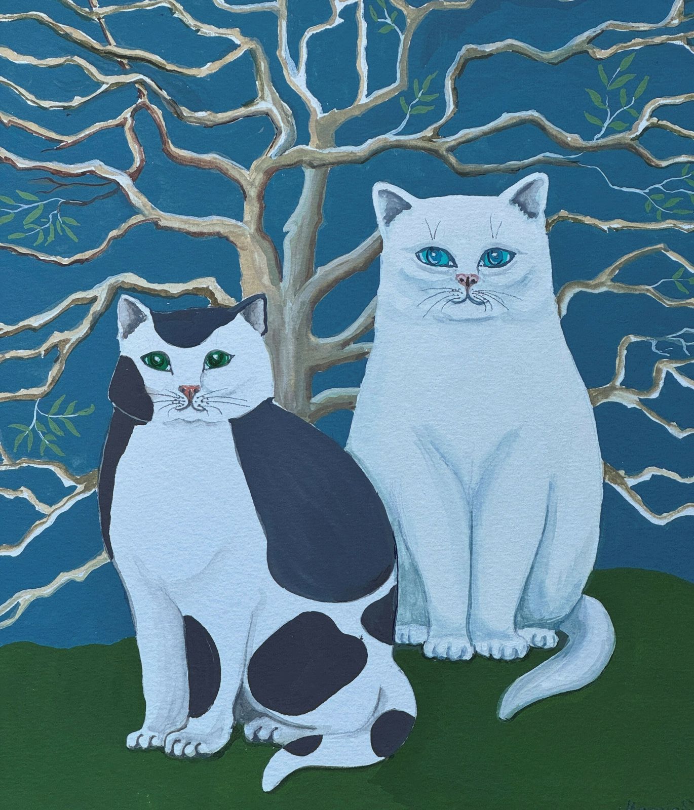 Pair Of Cats Original Signed Watercolour & Gouache Painting photo Art