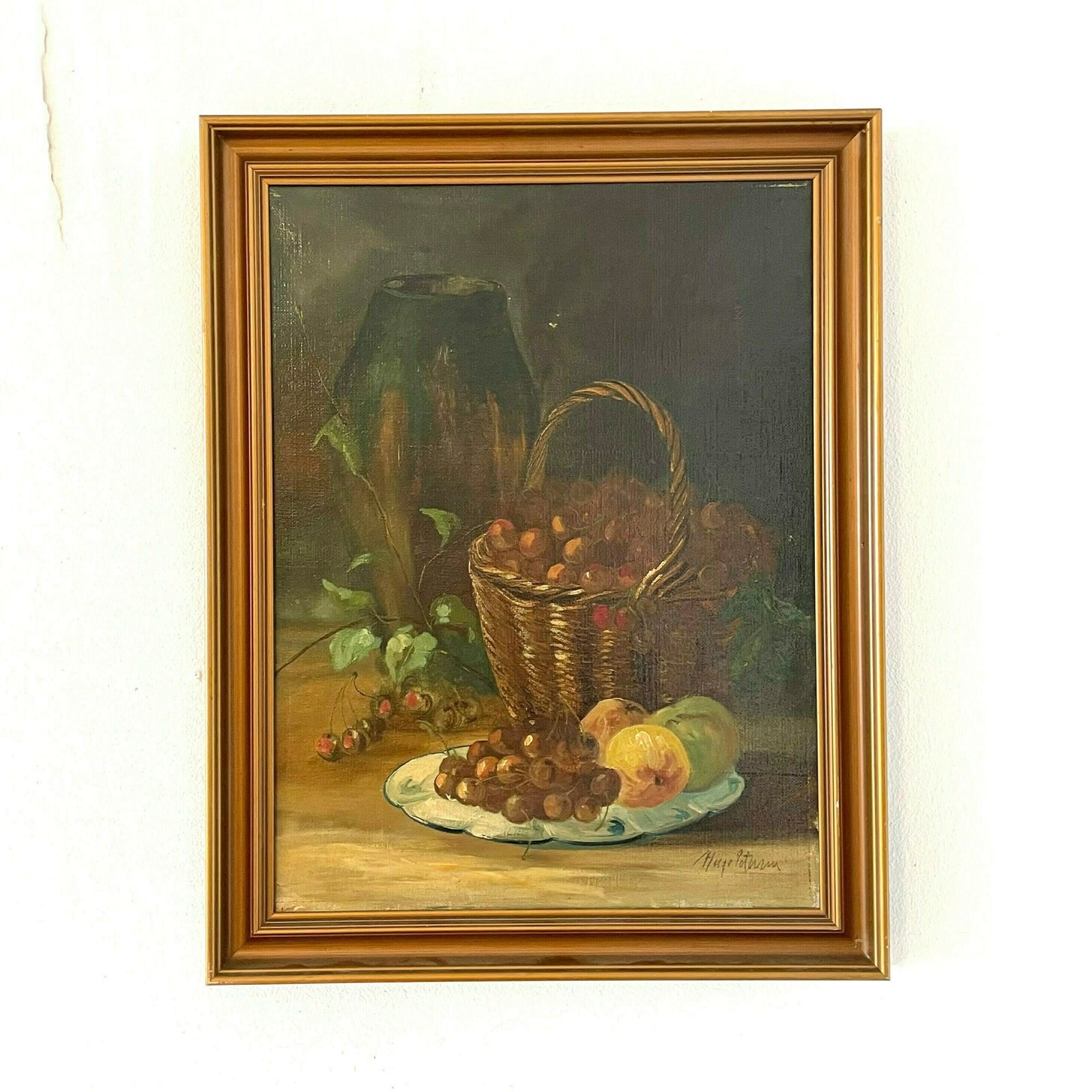 Stunning Vintage Still Life 1930s Original Oil Painting With Motive Of Fruit And Ceramic Vase In A Dark Setting Painted By Hugo Petersen
