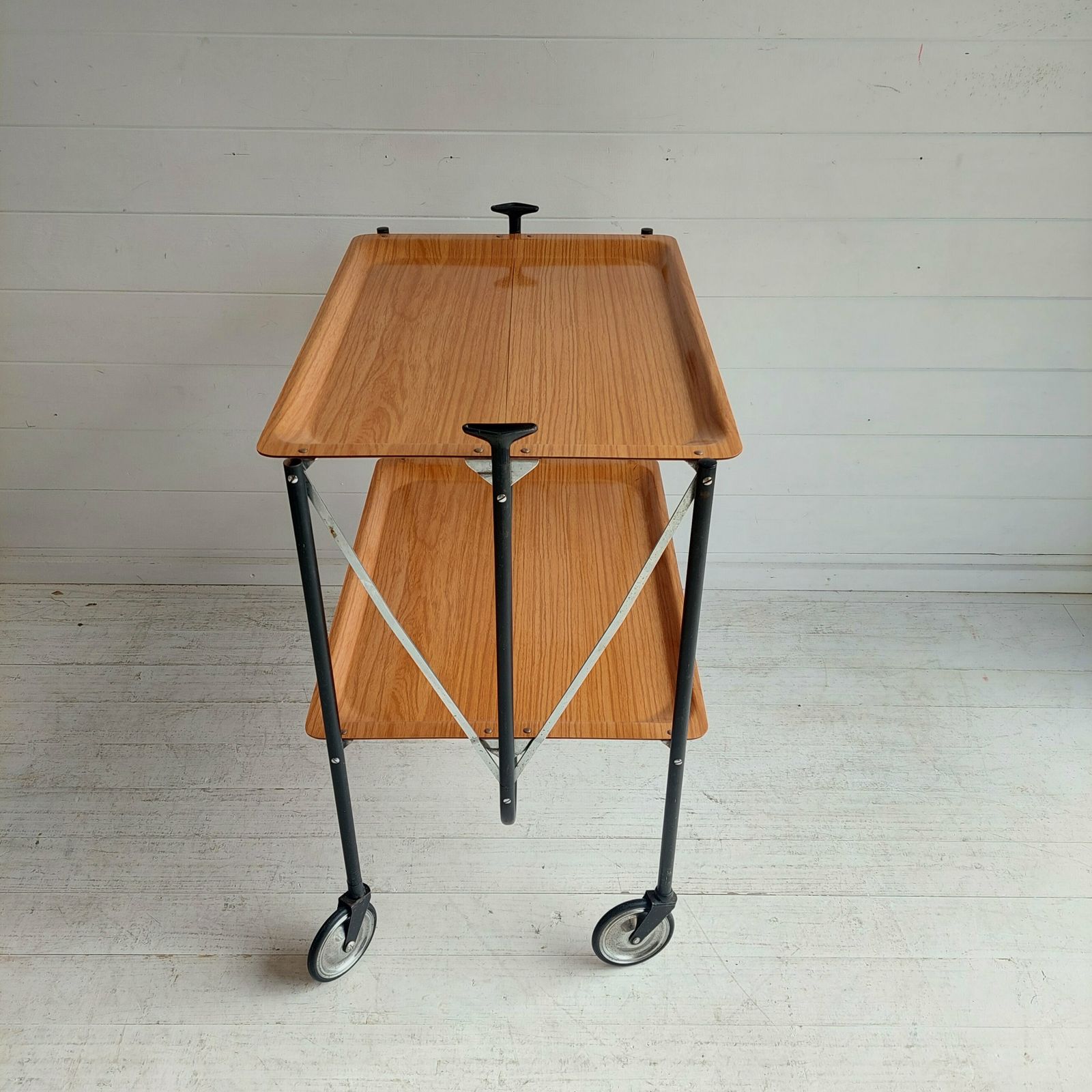 Mid Century Foldable Serving Teak Formica Trolley 2 Tier Bar Cart, 1960s photo for sale