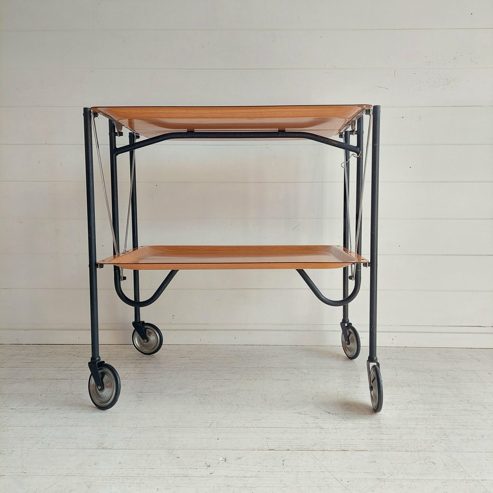 Mid Century Foldable Serving Teak Formica Trolley 2 Tier Bar Cart, 1960s photo 145.0