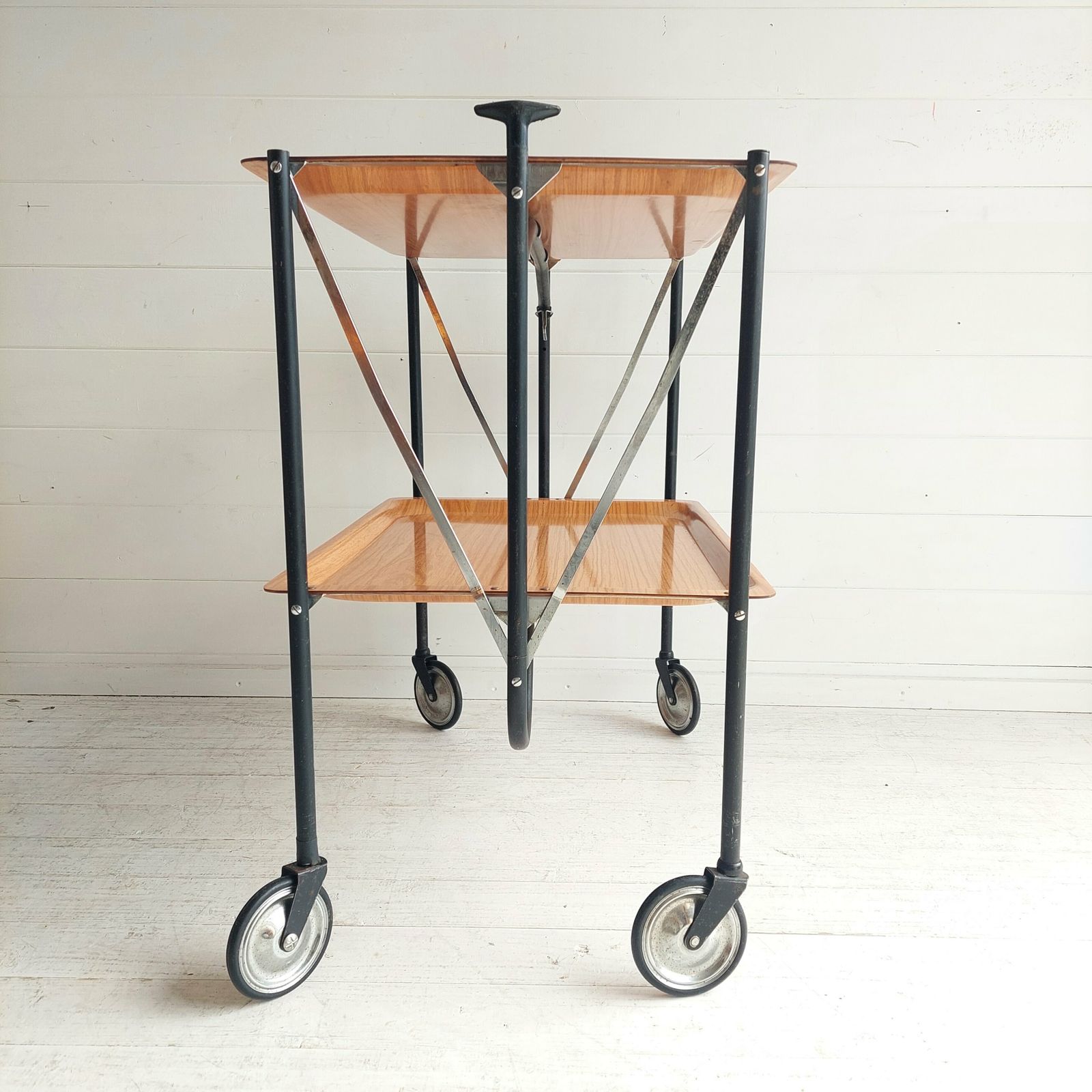Mid Century Foldable Serving Teak Formica Trolley 2 Tier Bar Cart, 1960s photo vinterior