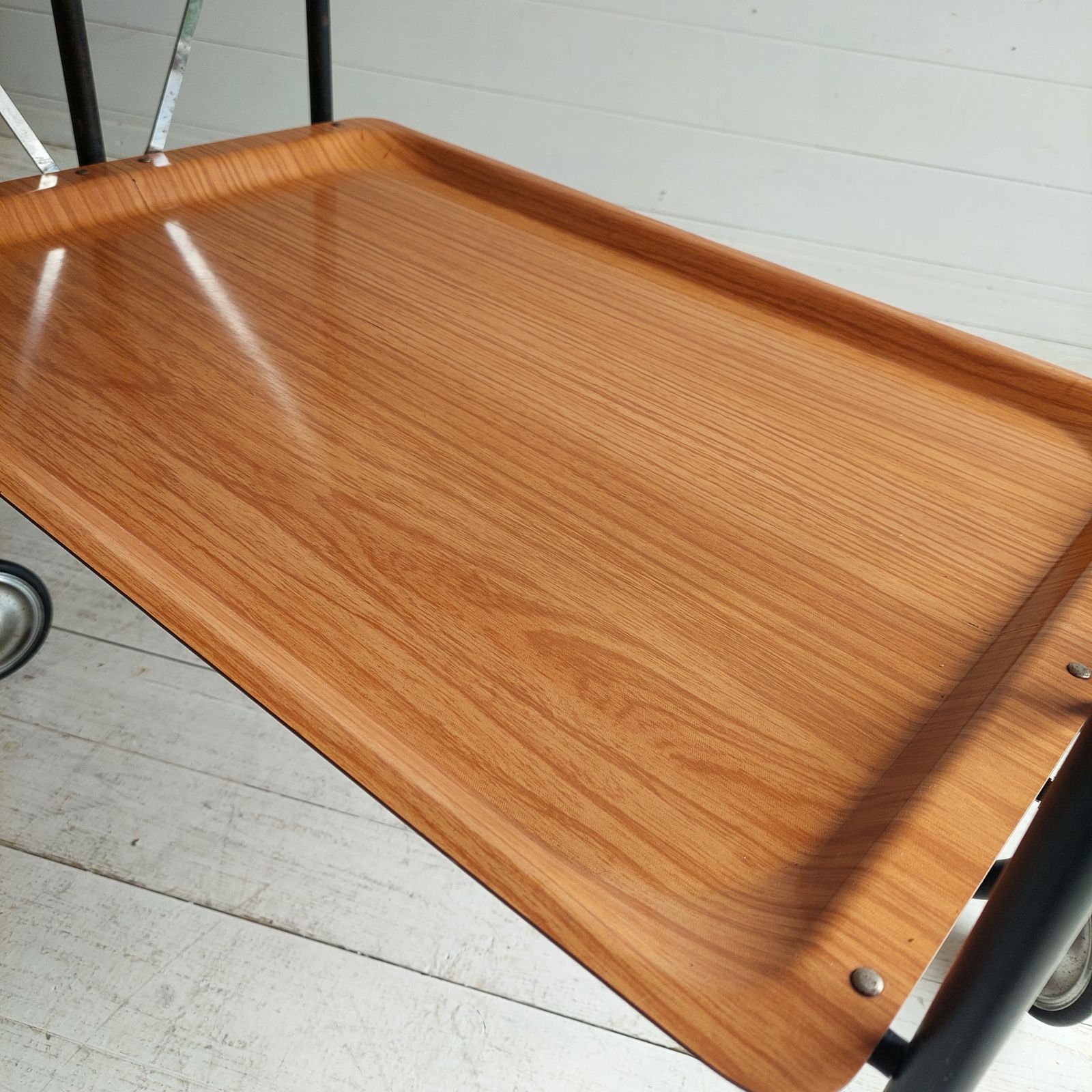 photo vintage Mid Century Foldable Serving Teak Formica Trolley 2 Tier Bar Cart, 1960s