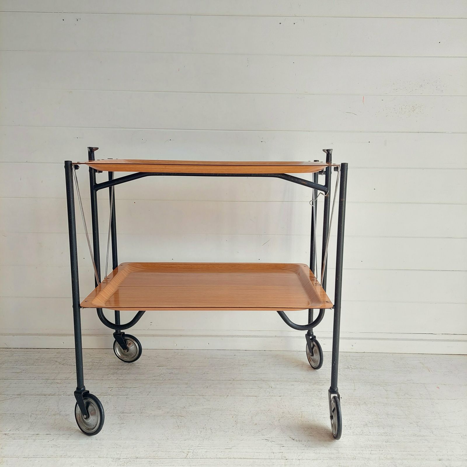 photo vinterior Mid Century Foldable Serving Teak Formica Trolley 2 Tier Bar Cart, 1960s