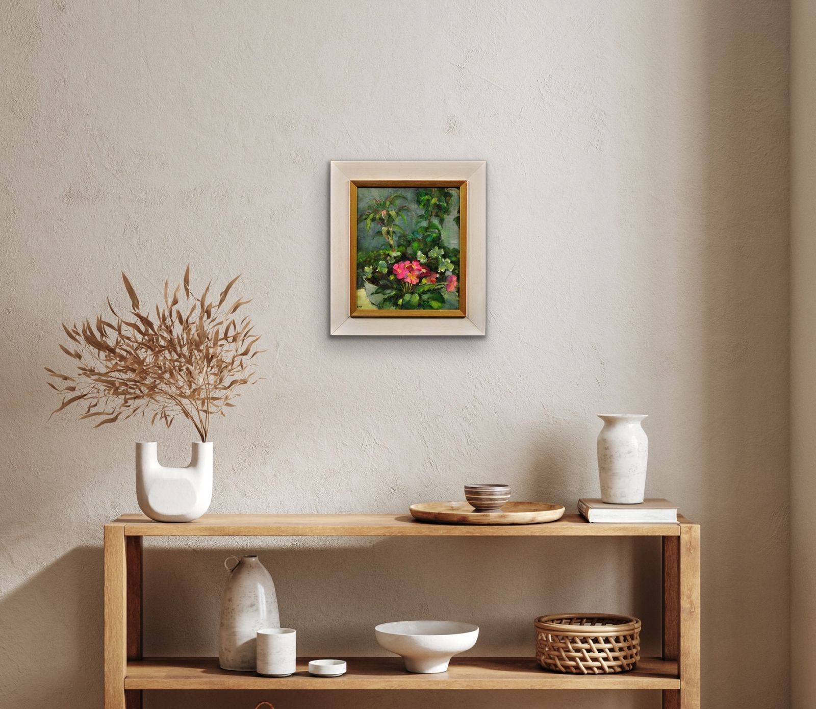 photo buy Diana Maxwell Armfield B.1920. English. Pink Primulas & Pot Plants. Original Still Life Flower Oil Painting. Modern British.