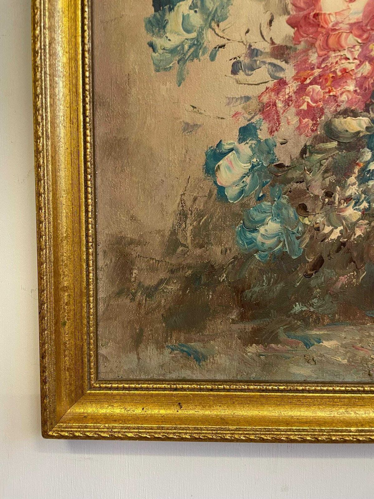 Vintage Floral Painting Expressive Brushstrokes And Slim Gold Frame photo for sale