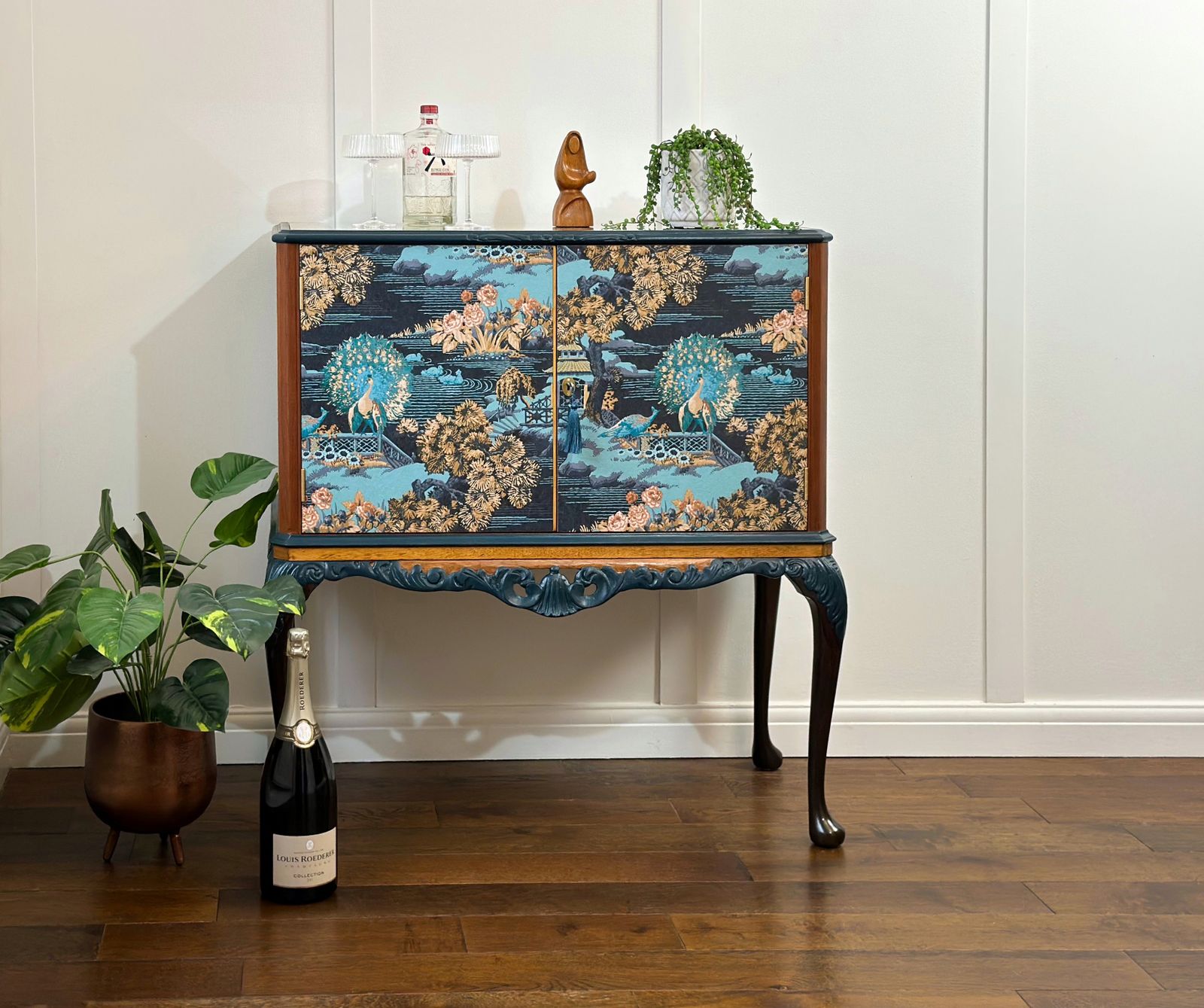 Oriental Queen Anne Cocktail Cabinet, Blue  Drinks Bar, Living Room Drinks Unit With Carved Details, Statement Furniture, Made To Order. photo buy