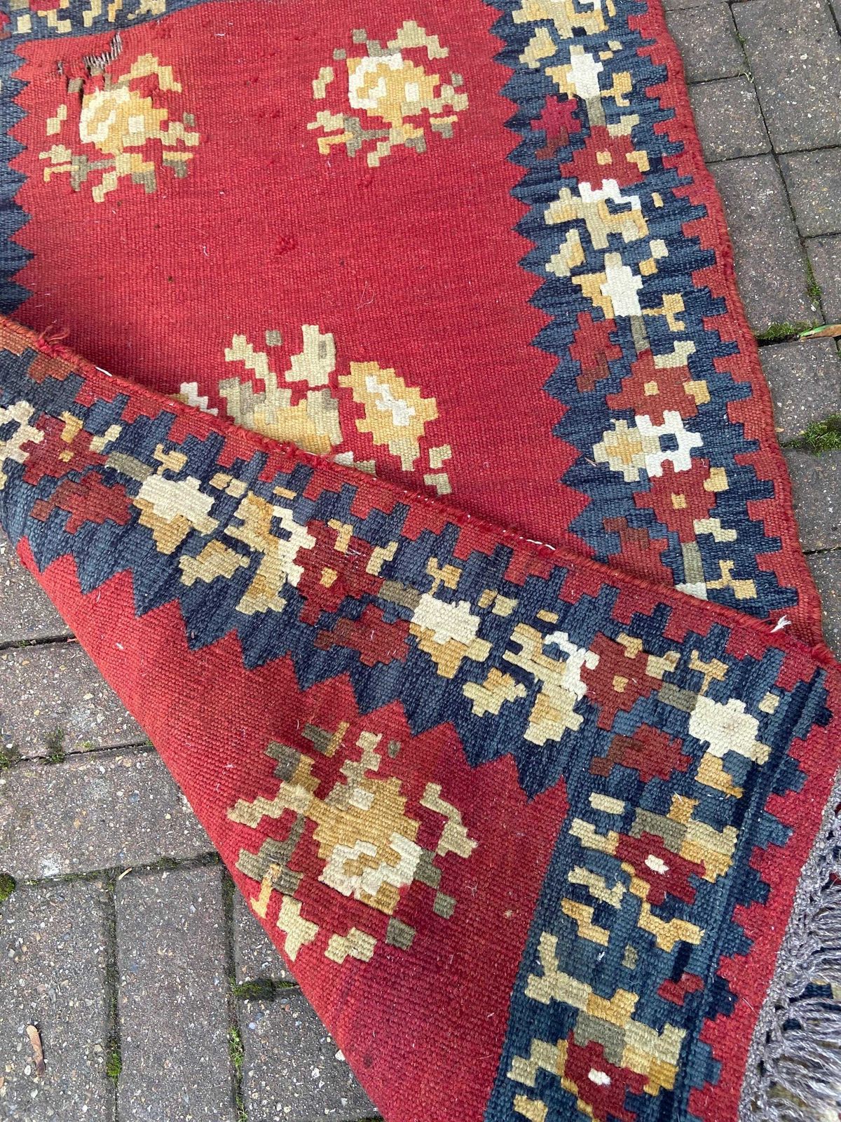 photo furniture Vintage Large Kilim Rug In Red, Dark Blue/Black   Character Rug 144cm X 89cm