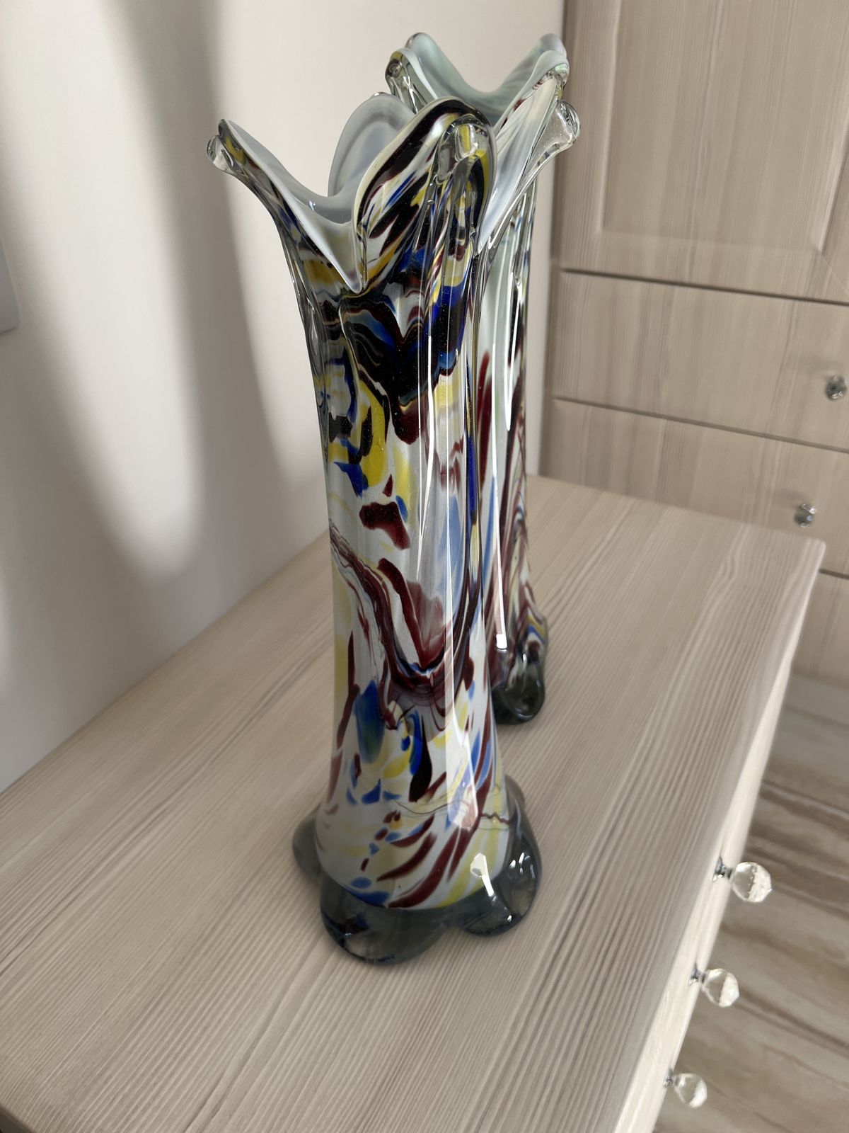 Pair Of Mid Century Murano Style Hand Blown Glass Vases With Multicolor Swirl Pattern photo vinterior