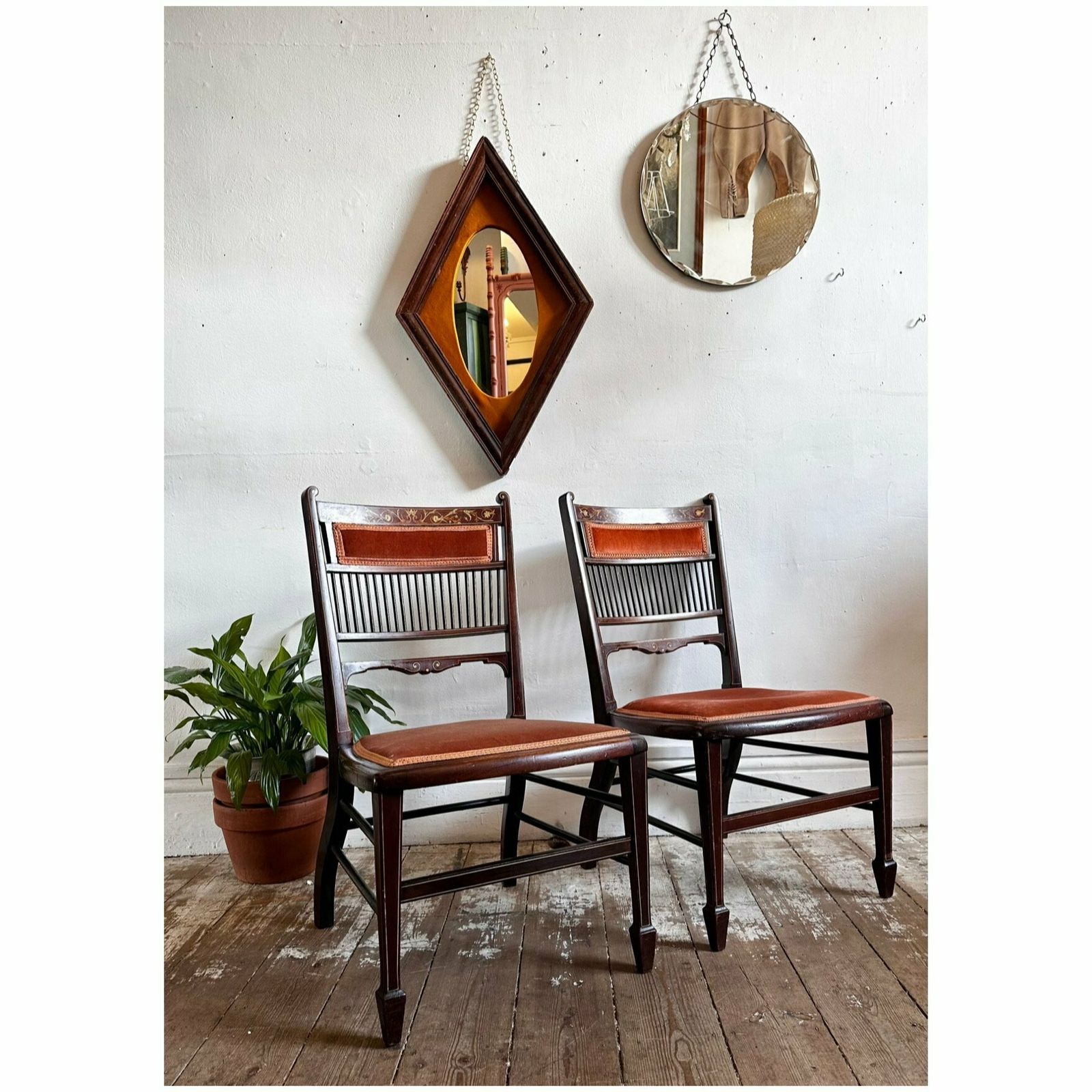 Pair Of Upholstered Mahogany Marquetry Chairs, Bone And Boxwood Details