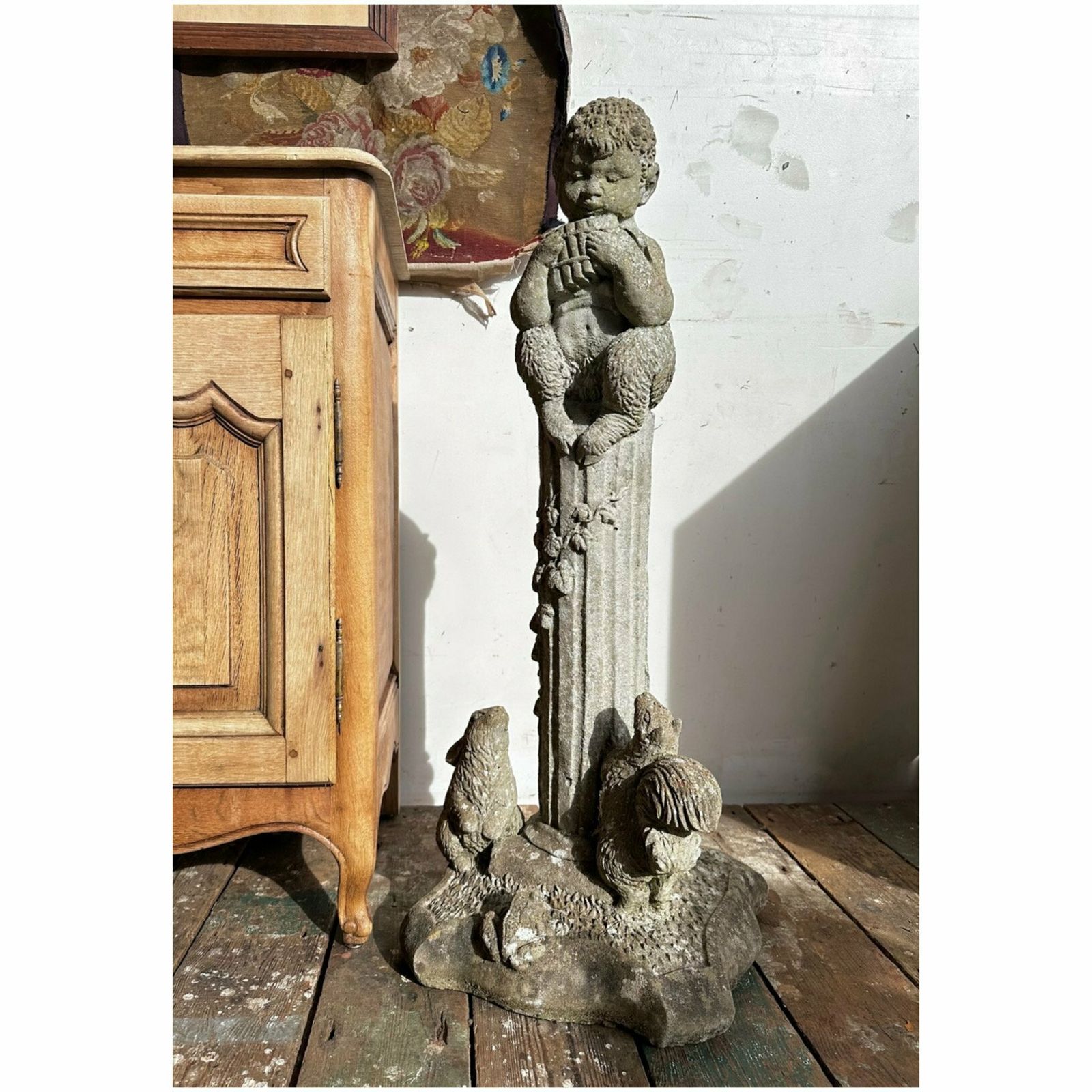 Composite Stone Pan Figure On Reeded Column W/ Woodland Animals C.1940