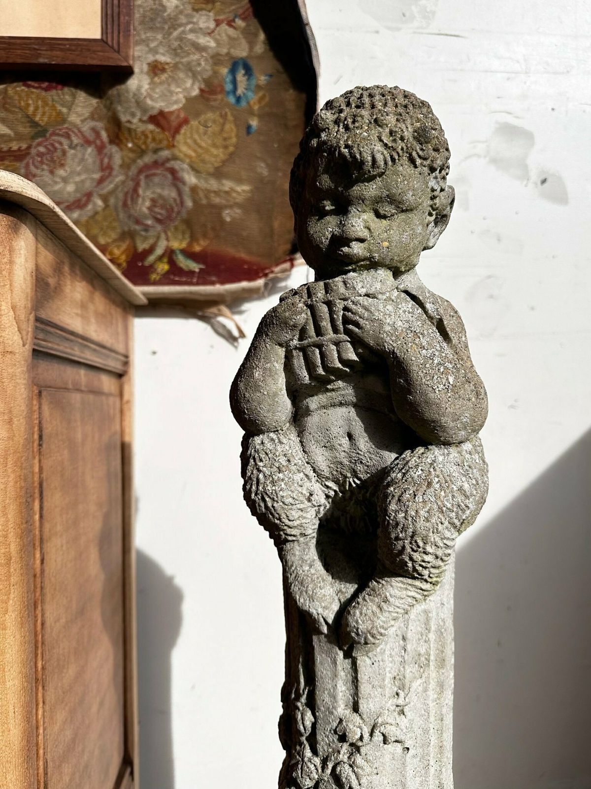 Composite Stone Pan Figure On Reeded Column W/ Woodland Animals C.1940 photo furniture