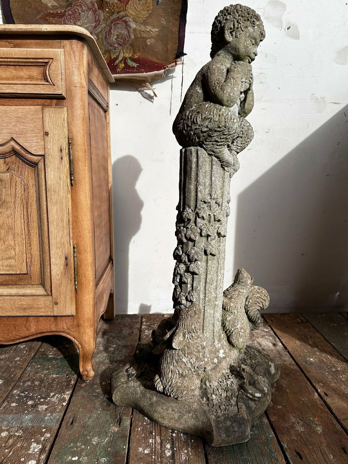 Composite Stone Pan Figure On Reeded Column W/ Woodland Animals C.1940 photo 238.0
