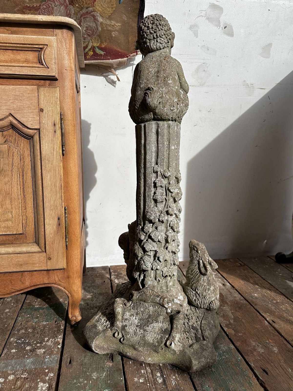 Composite Stone Pan Figure On Reeded Column W/ Woodland Animals C.1940 photo buy