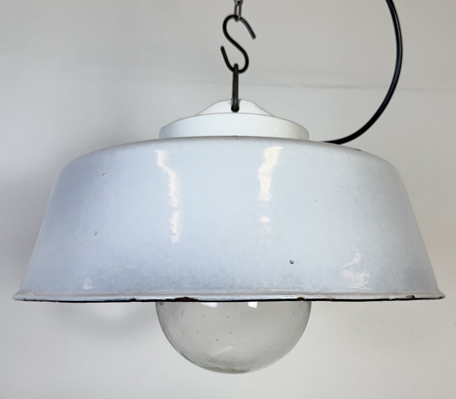 Industrial Grey Enamel Factory Pendant Lamp With Glass Cover, 1960s photo for sale