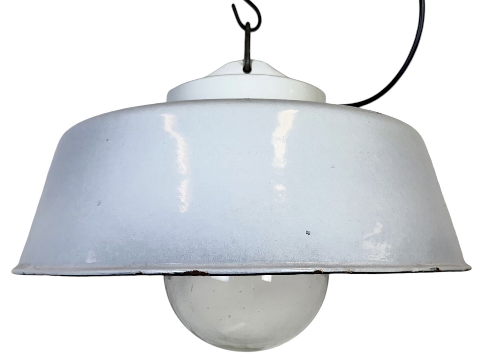 Industrial Grey Enamel Factory Pendant Lamp With Glass Cover, 1960s