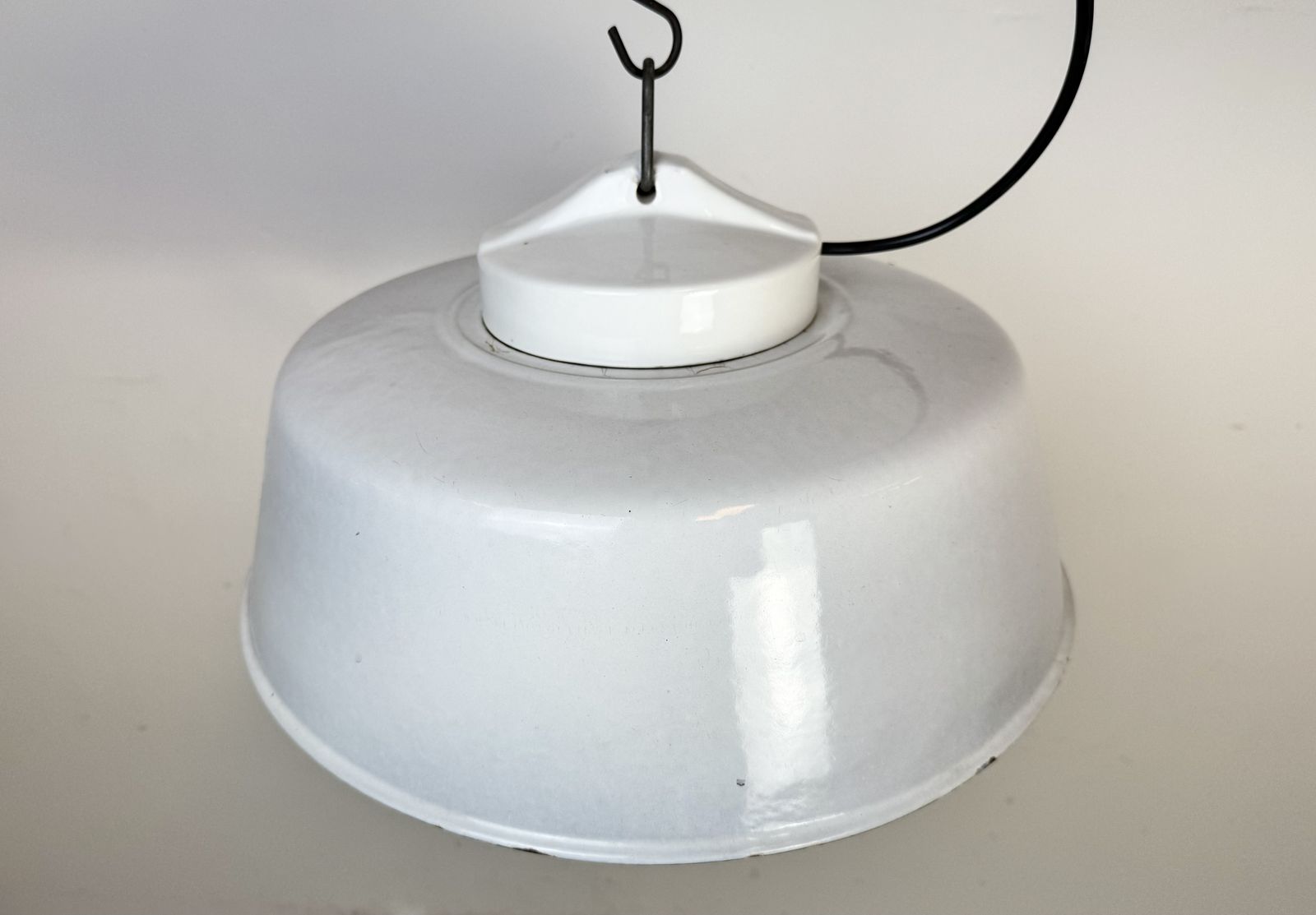 photo for sale Industrial Grey Enamel Factory Pendant Lamp With Glass Cover, 1960s