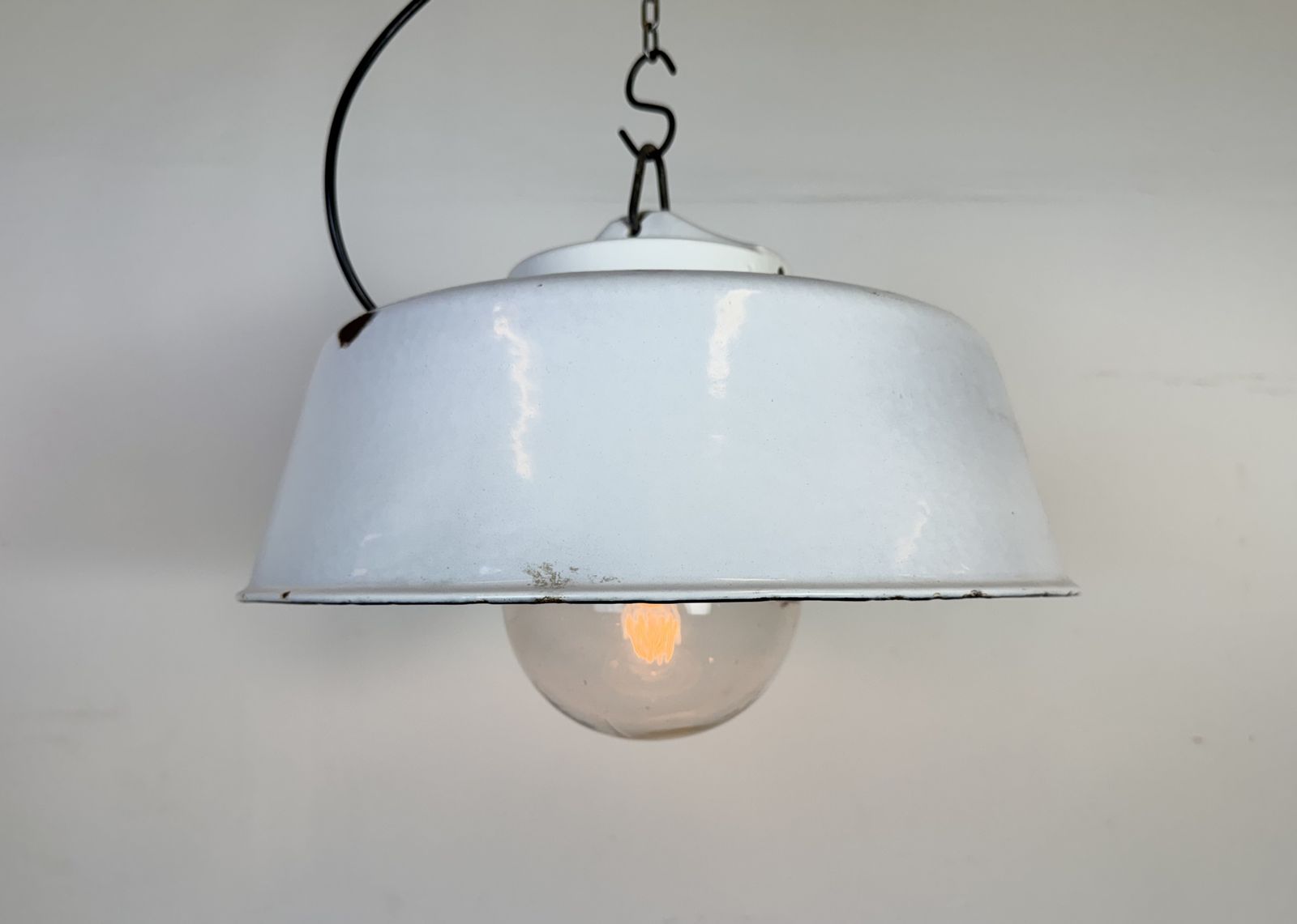 199.0 Industrial Grey Enamel Factory Pendant Lamp With Glass Cover, 1960s photo