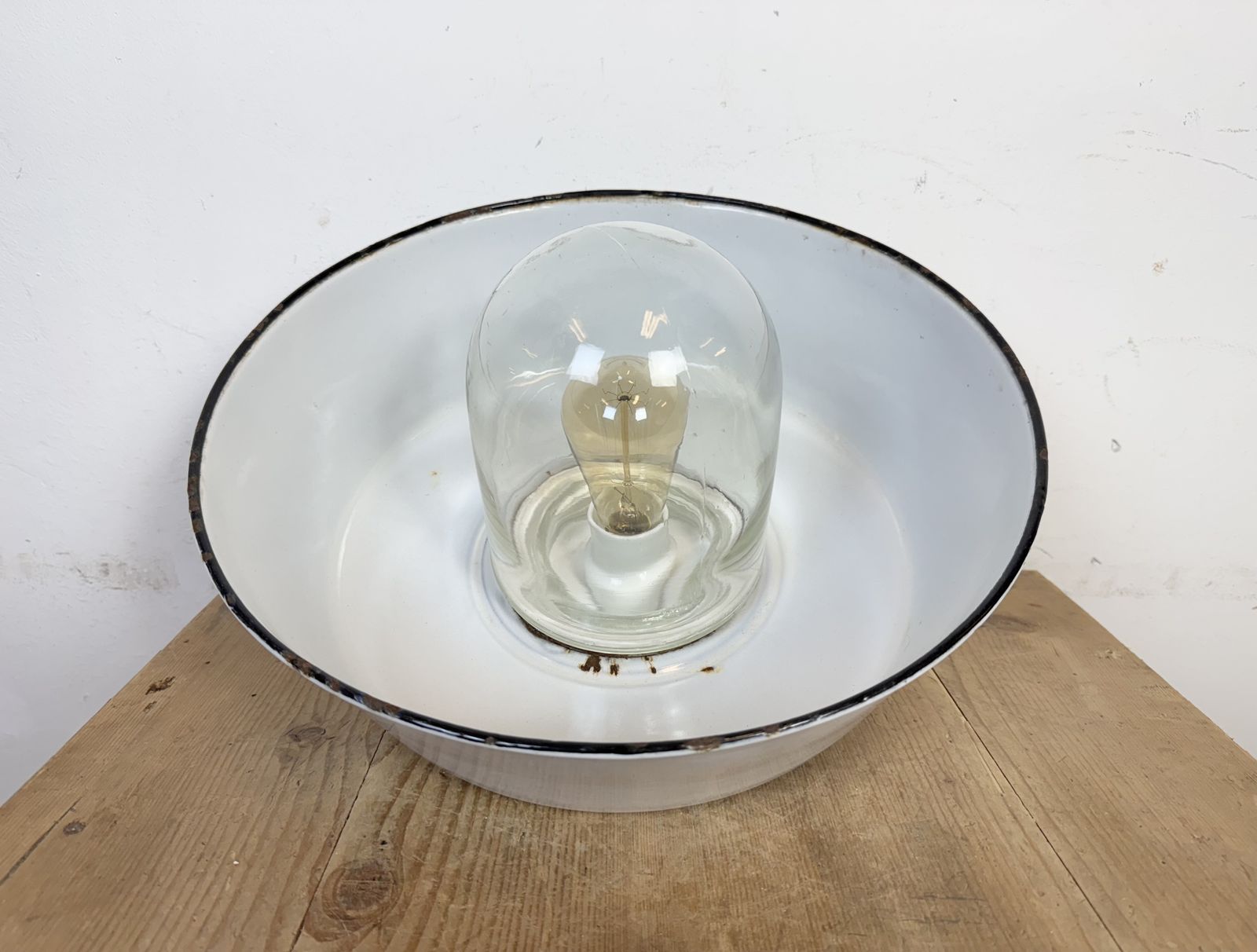 photo vintage Industrial Grey Enamel Factory Pendant Lamp With Glass Cover, 1960s