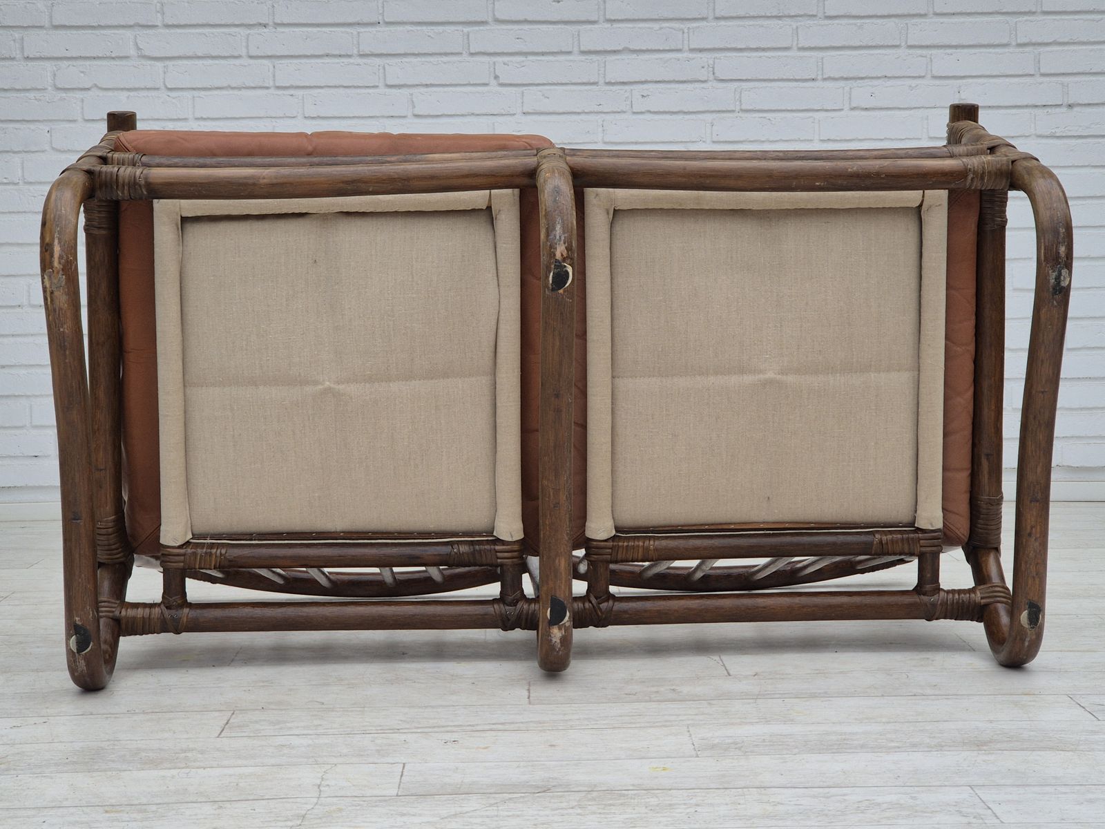 1970s, Scandinavian 2 Seater Sofa, Original Very Good Condition, Bamboo, Leather. photo buy