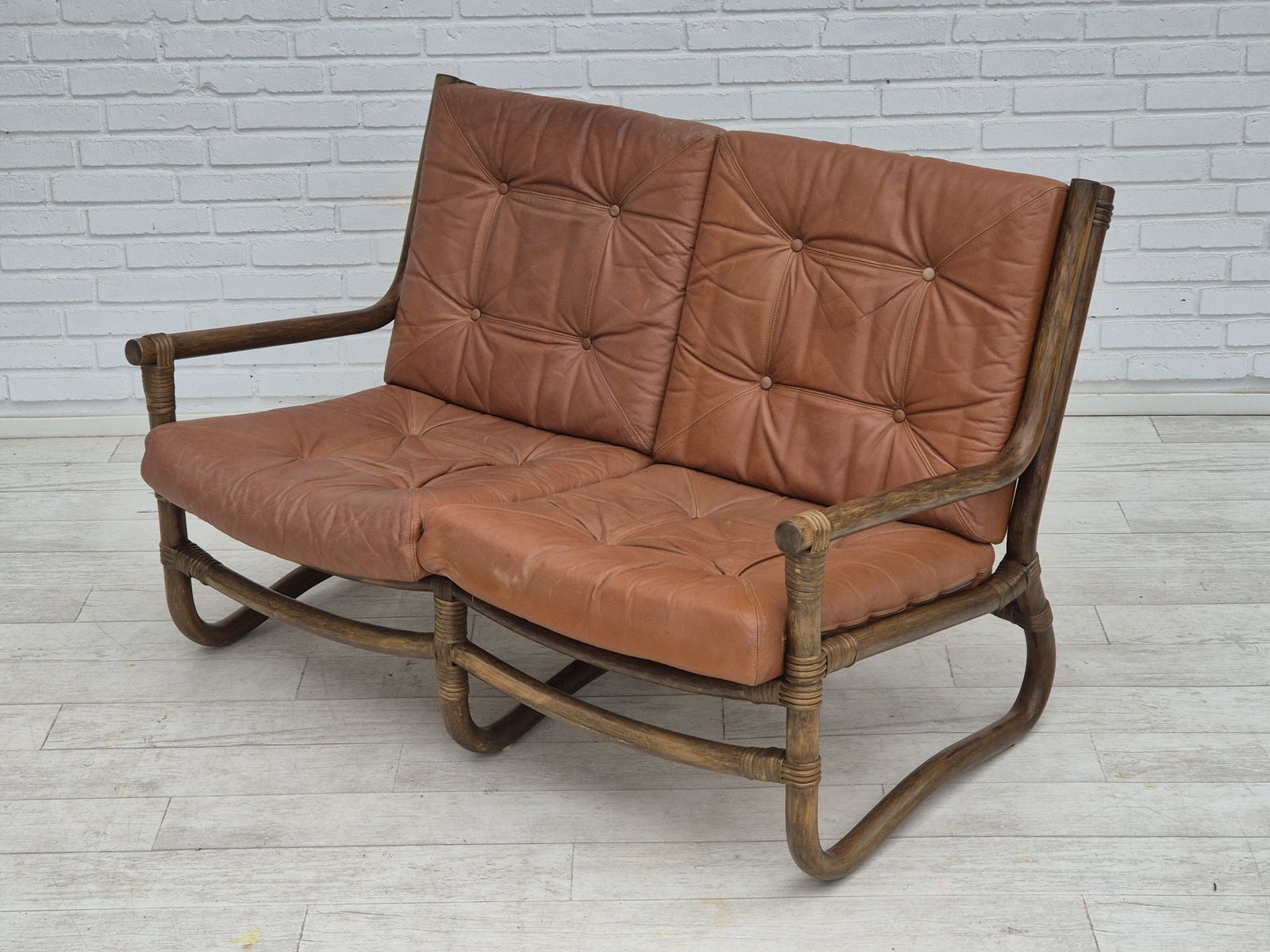 photo furniture 1970s, Scandinavian 2 Seater Sofa, Original Very Good Condition, Bamboo, Leather.