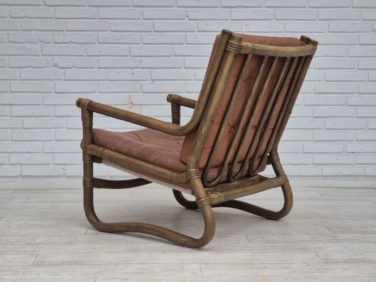 1970s, Scandinavian Armchair, Original Very Good Condition, Bamboo, Leather. photo 1090.0