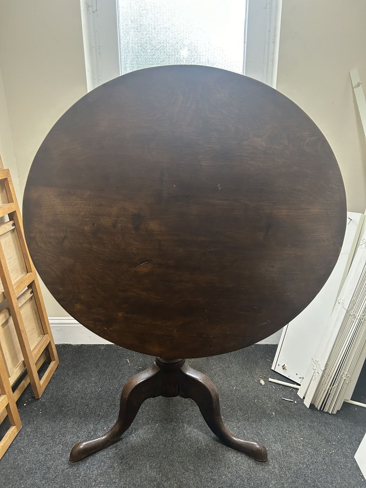 Antique Oak Round Tilt Top Dining Table Tripod Pedestal Base