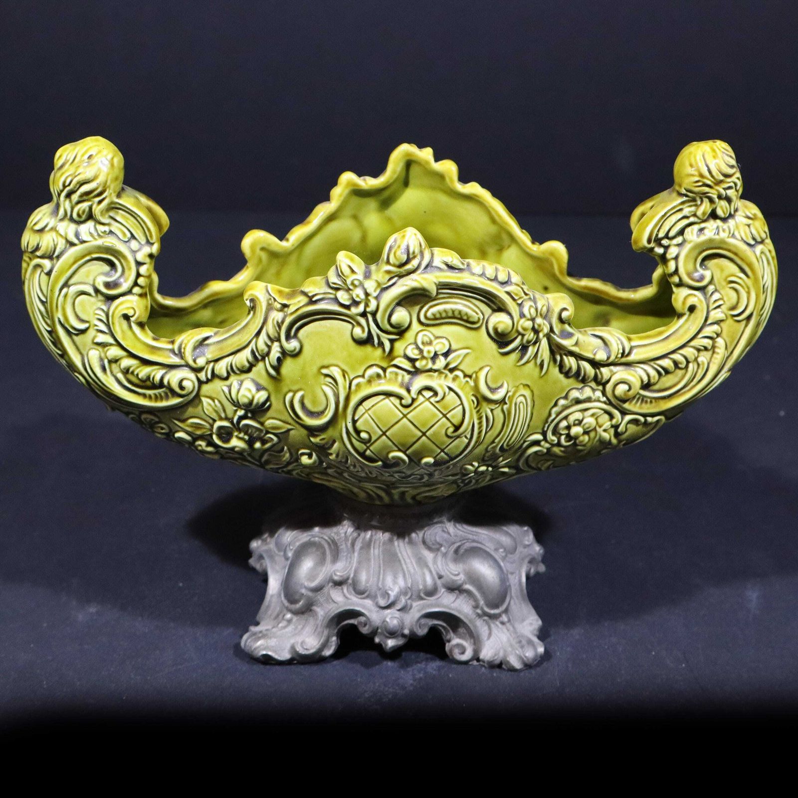 Antique Majolica Planter By Schütz Cilli Austrian Green Ceramic Jardiniere With Cherubs photo for sale