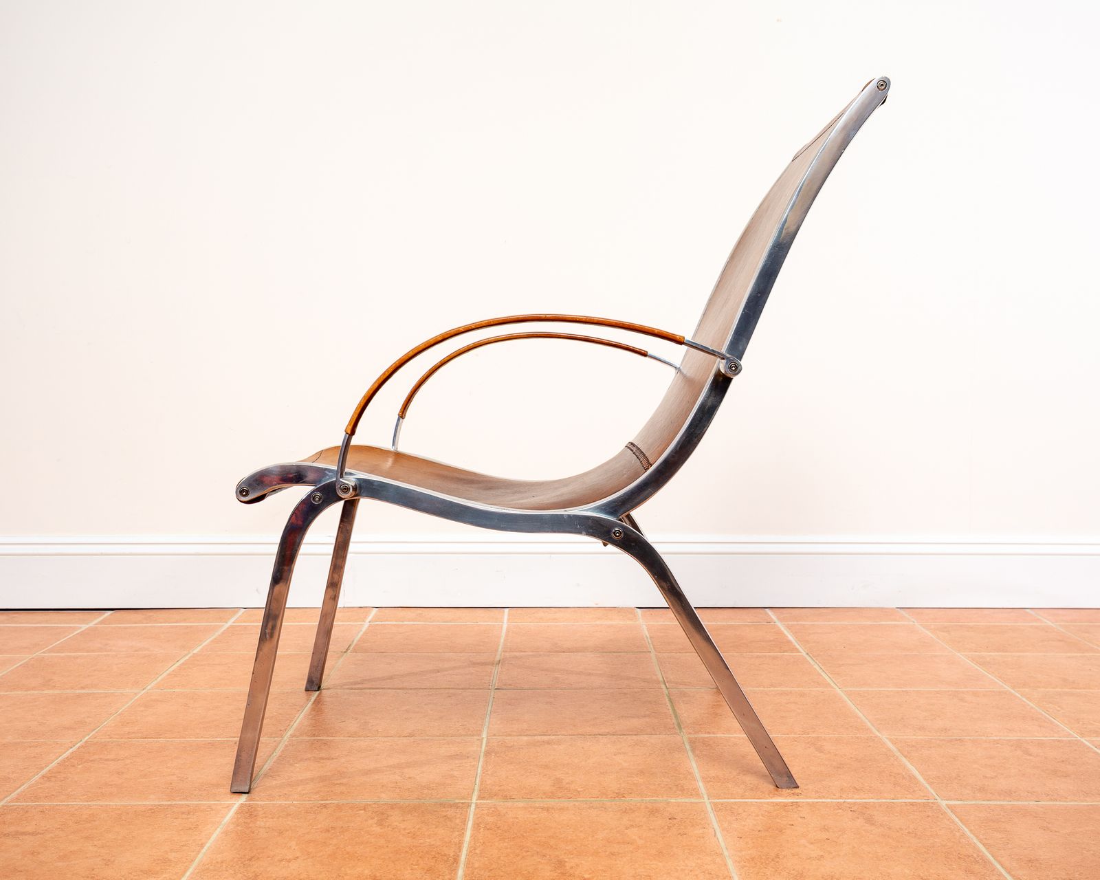 Tan Hide Leather Lounge Chair Mid Century Mcm Aluminium Hungarian A.Rt Deco Bauhaus Style 1970s Hungary Rudolf Szedleczky photo buy