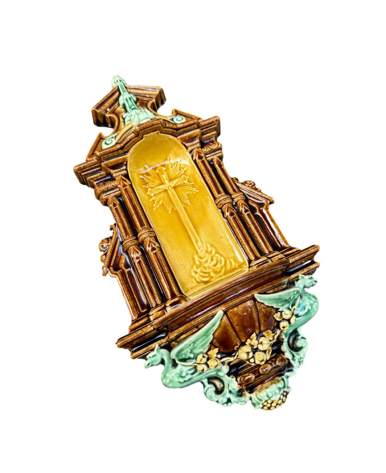 Antique Majolica Holy Water Font Choisy Le Roi 19th Gift Religious Decor photo 307.0