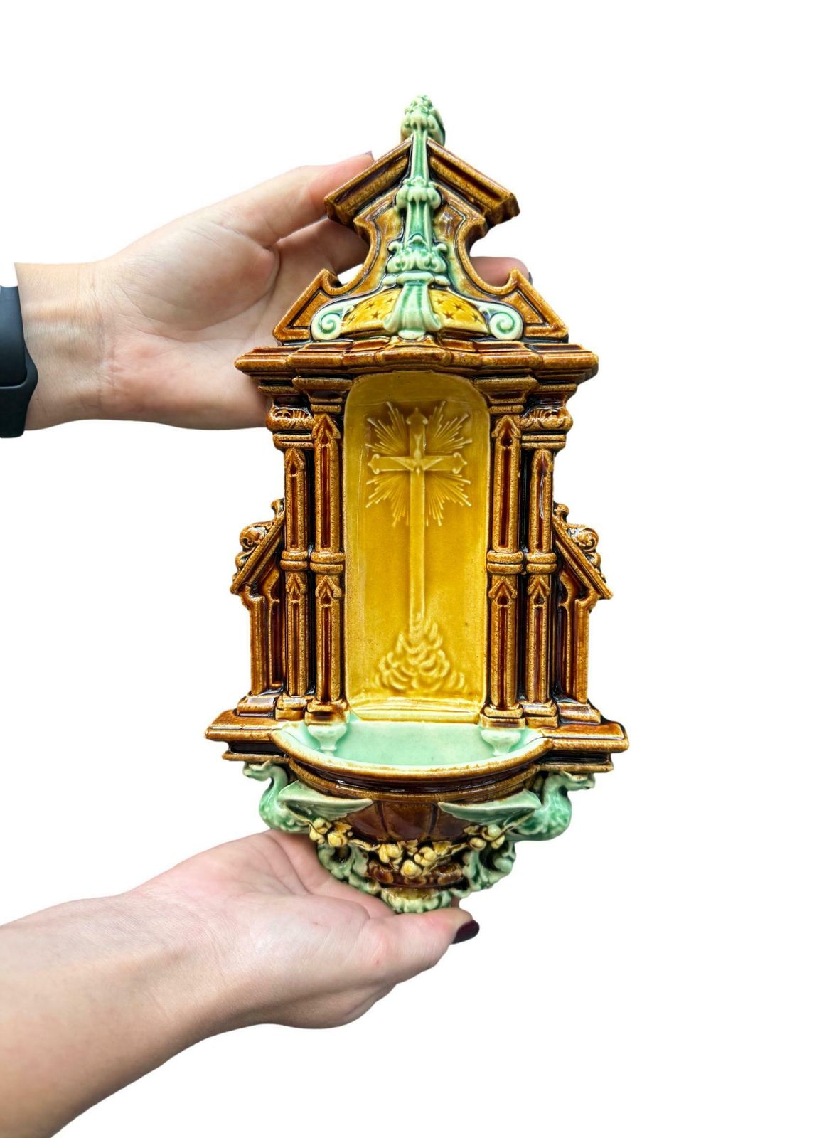 Antique Majolica Holy Water Font Choisy Le Roi 19th Gift Religious Decor photo vintage
