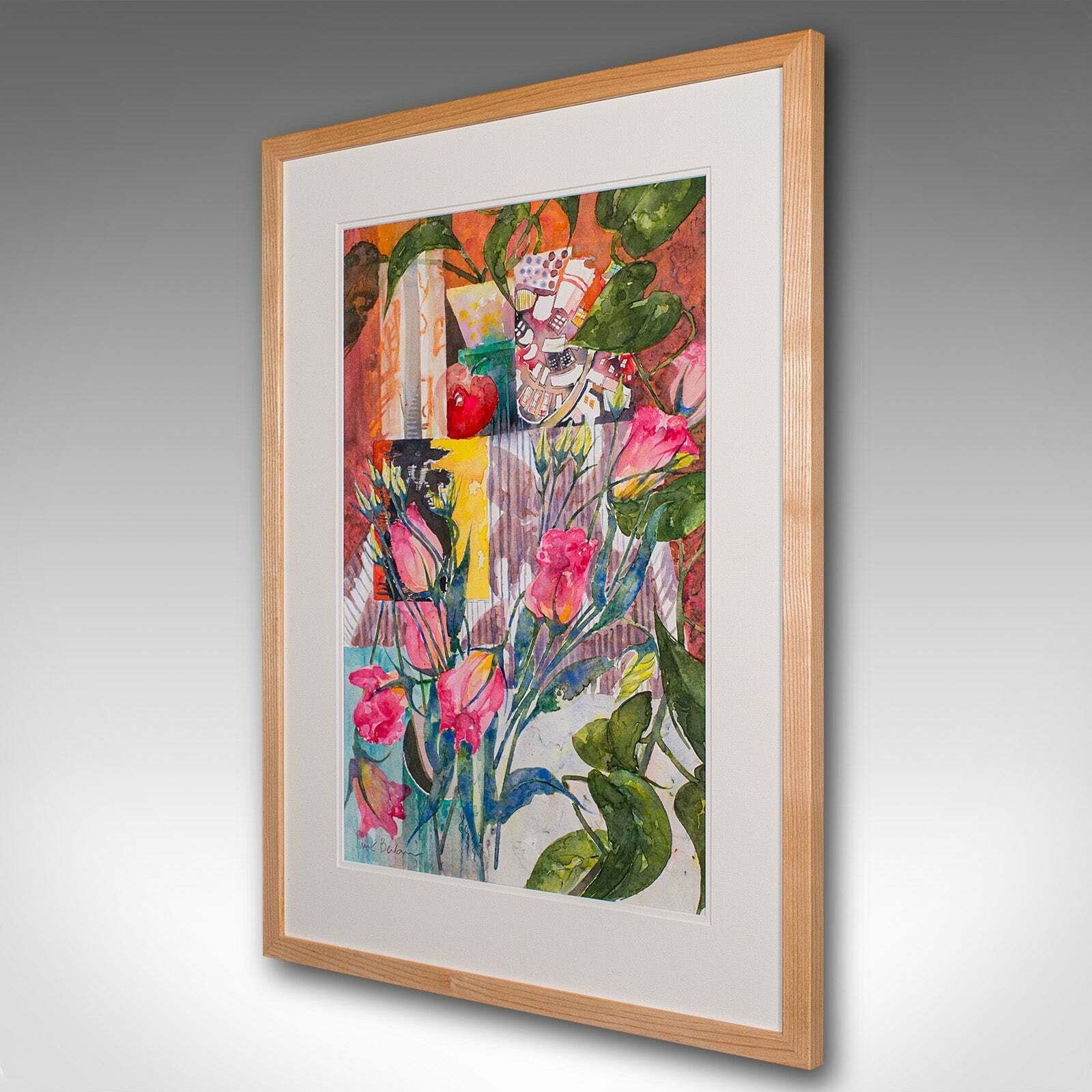 Vintage Abstract Painting, English, Framed Watercolour, Flower Study, Signed Art photo for sale